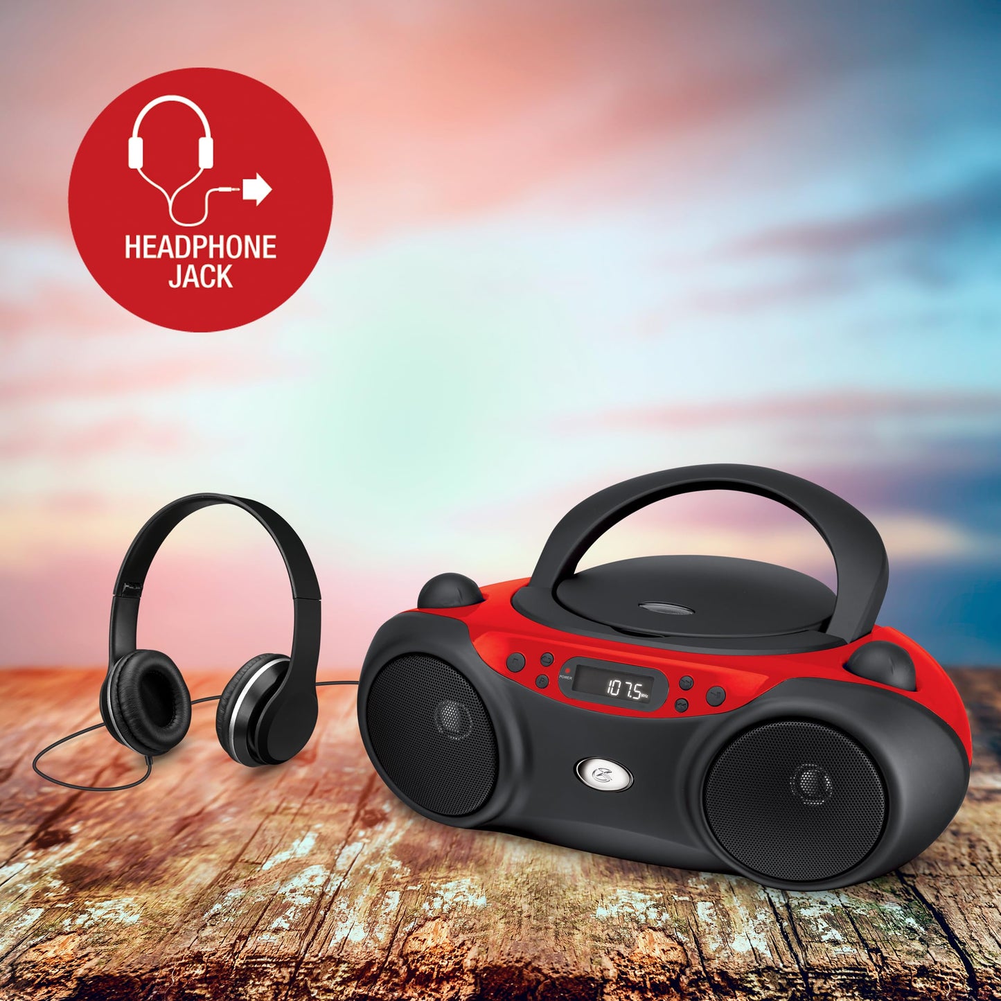 GPX, Inc. Portacasetera para CD de carga superior con radio AM/FM y entrada de línea de 3.5 mm para dispositivo MP3, rojo/negro