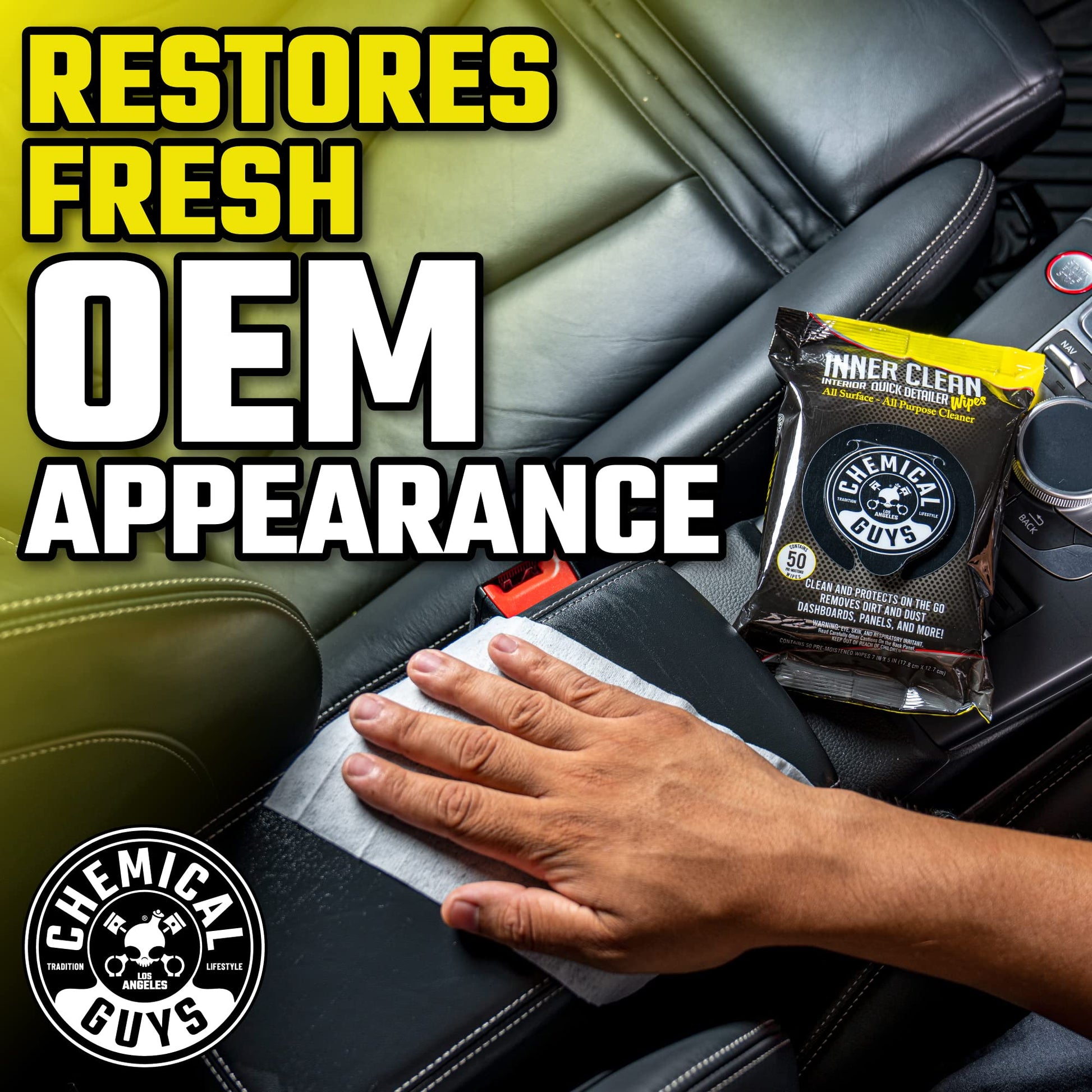 Chemical Guys Paquete Mega 50 Toallitas Detalladoras y Protectoras InnerClean Interior de, seguras para coches, camiones, todoterrenos, motocicletas, vehículos recreativos y más, (50 uds.)