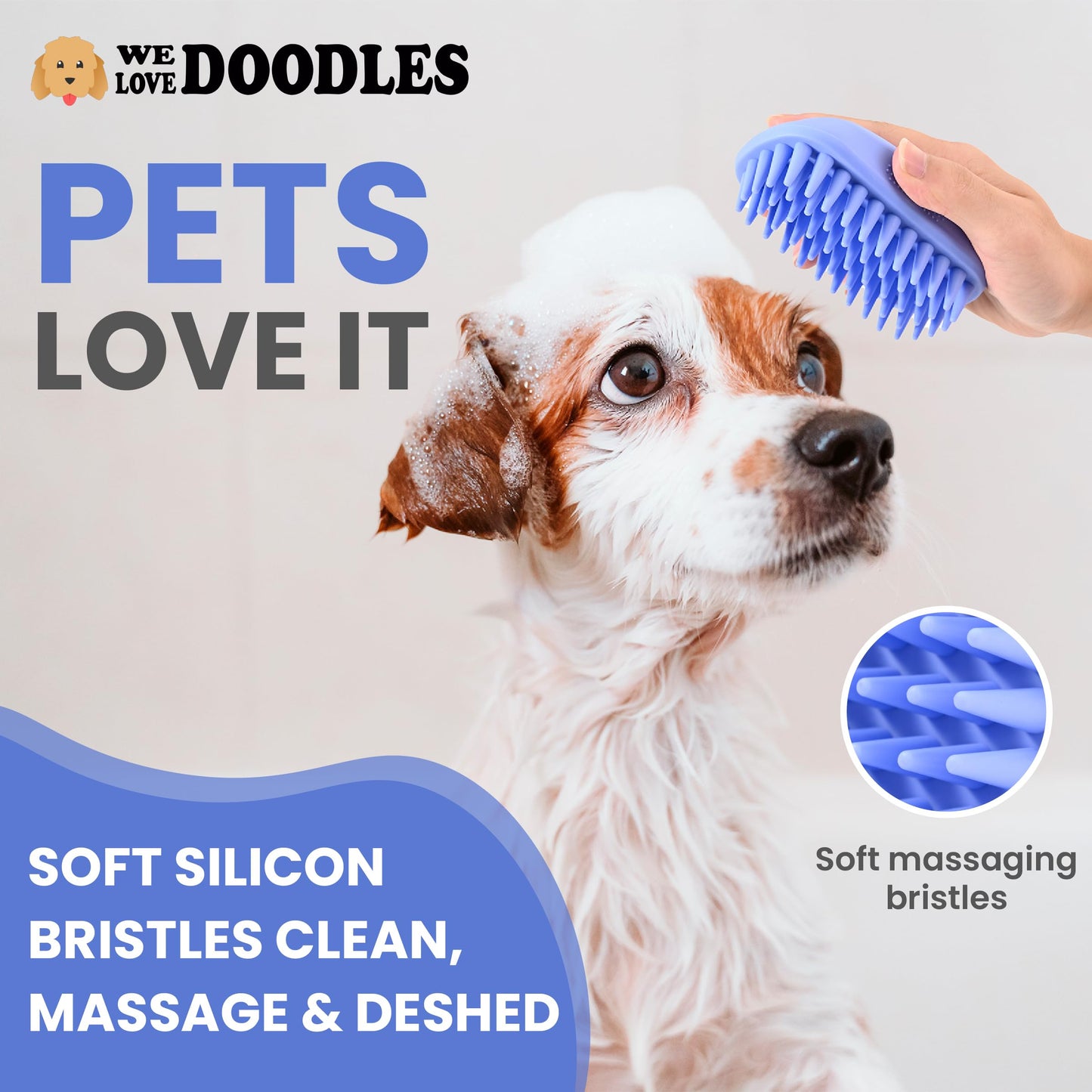 Cepillo De Baño We Love Doodles Azul Para Aseo Y Masaje De Mascotas Con Alfileres Largos