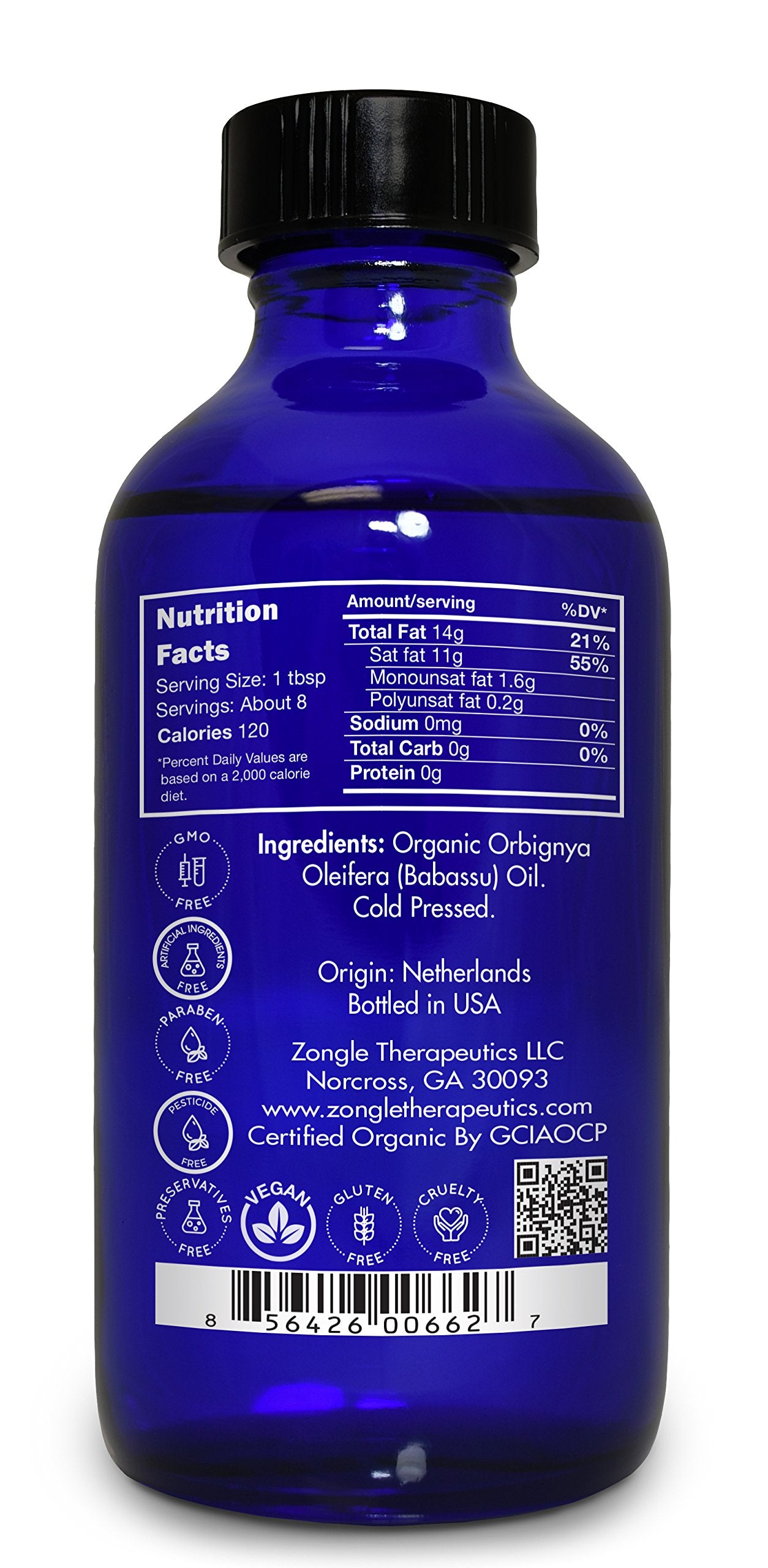 Zongle USDA Certified Organic Babassu Oil, Safe to Ingest, Unrefined Virgin, Cold Pressed, Orbignya Oleifera, 4 oz