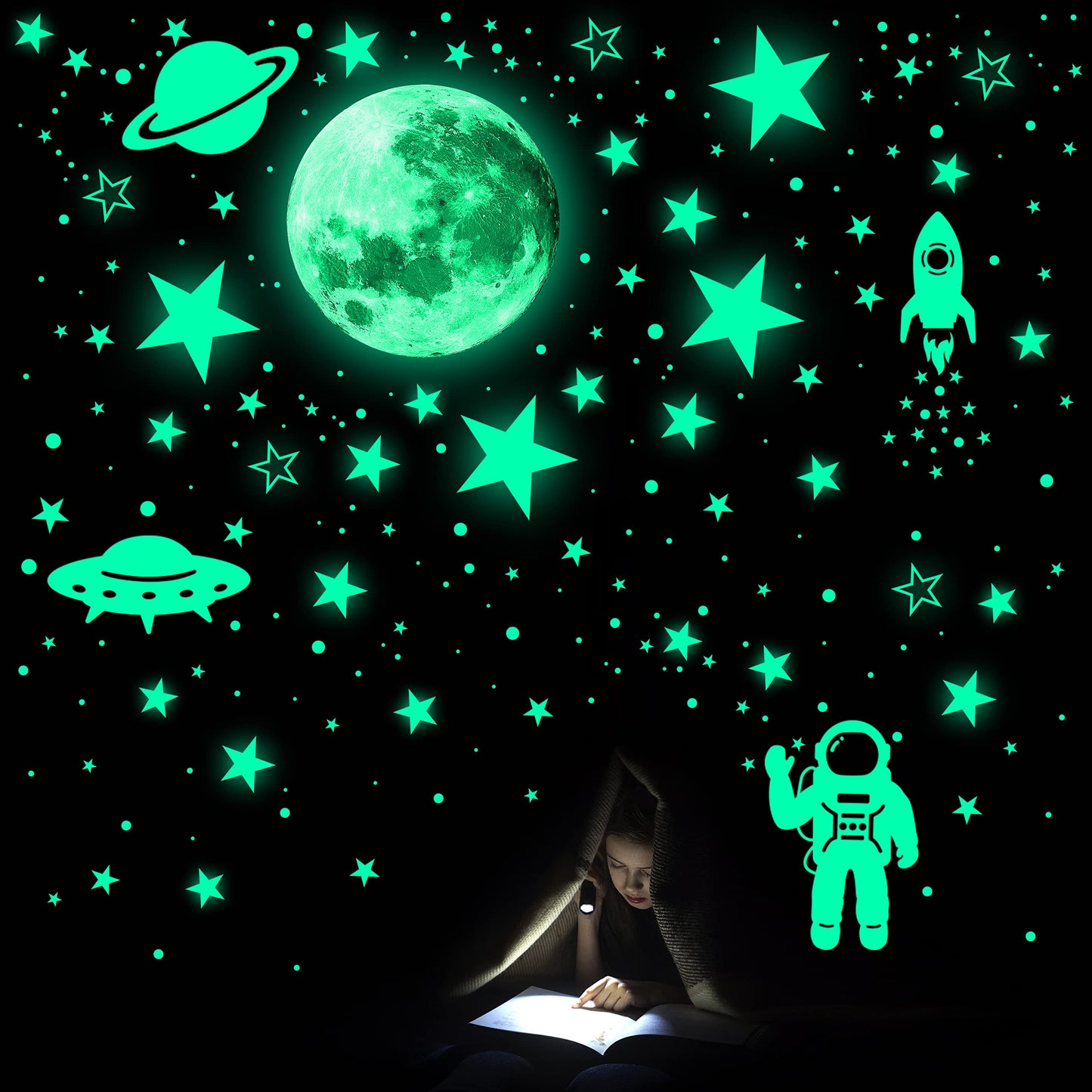 1078 piezas de estrellas que brillan en la oscuridad para planetas de techo, galaxia, espacial, guardería, pegatinas de pared, cohete, astronauta, decoración de habitación de niños y niños