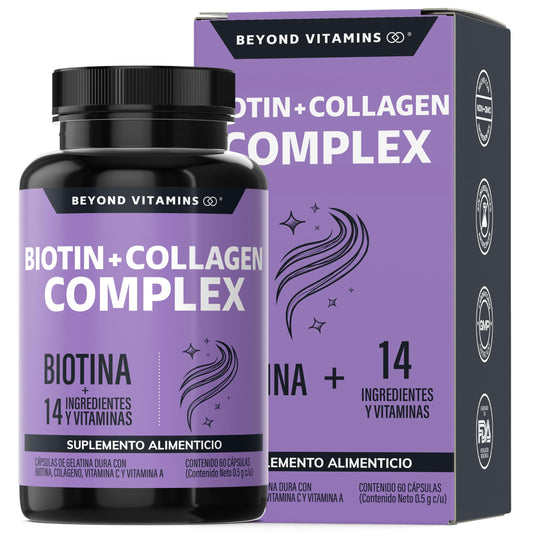 Biotin+Collagen Complex- Contiene Biotina + Colágeno + 15 Ingredientes y Vitaminas - Suplemento Vitamínico - Suplemento Alimenticio en Cápsulas - Sin Azúcar-Ingredientes NON GMO-60 cápsulas para 60 días