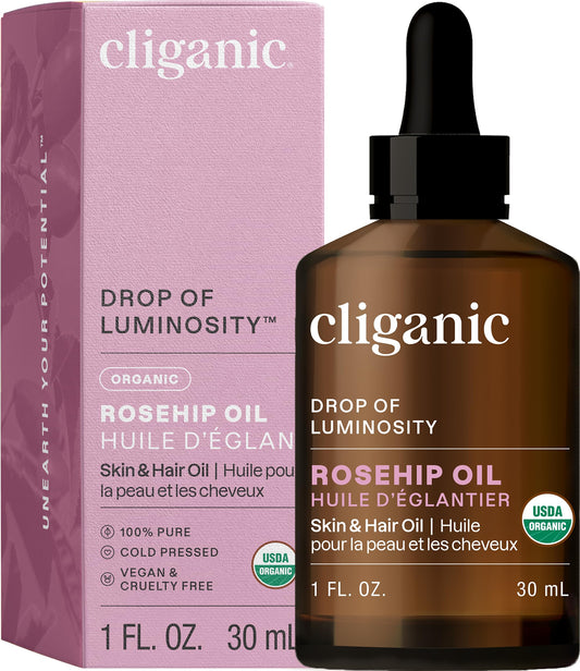 Cliganic USDA Organic Rosehip Oil for Face, 100% Pure | Natural Cold Pressed Unrefined Hexane-Free | Carrier Seed Oil for Skin, Hair & Nails | Certified Organic, 1oz | Cliganic 90 Days Warranty