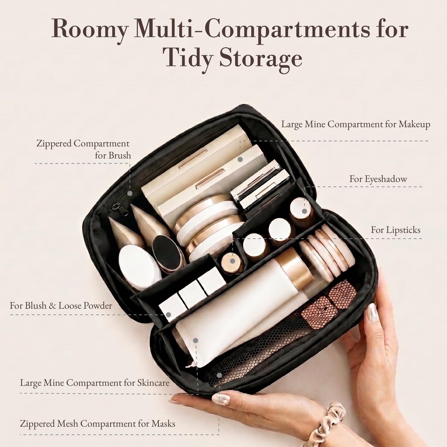 FINEASY - Bolsa de maquillaje para viajes, estuche de cosméticos mediano para mujer, gran capacidad, portátil, con cierre, organizador de cosméticos con compartimentos, Negro, Medium