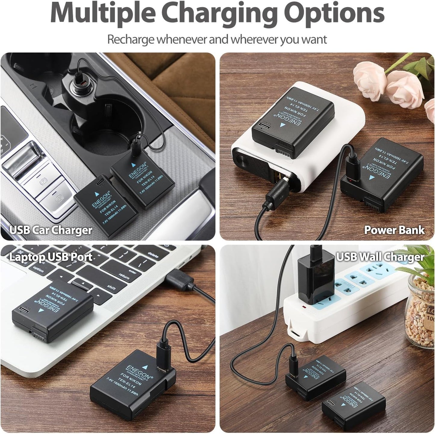 Batería de Repuesto ENEGON USB-C Negra 1600 mAh para Nikon D5300, D5600, D5100, D5200, D3100, D3200, D3300, D3400, D3500
