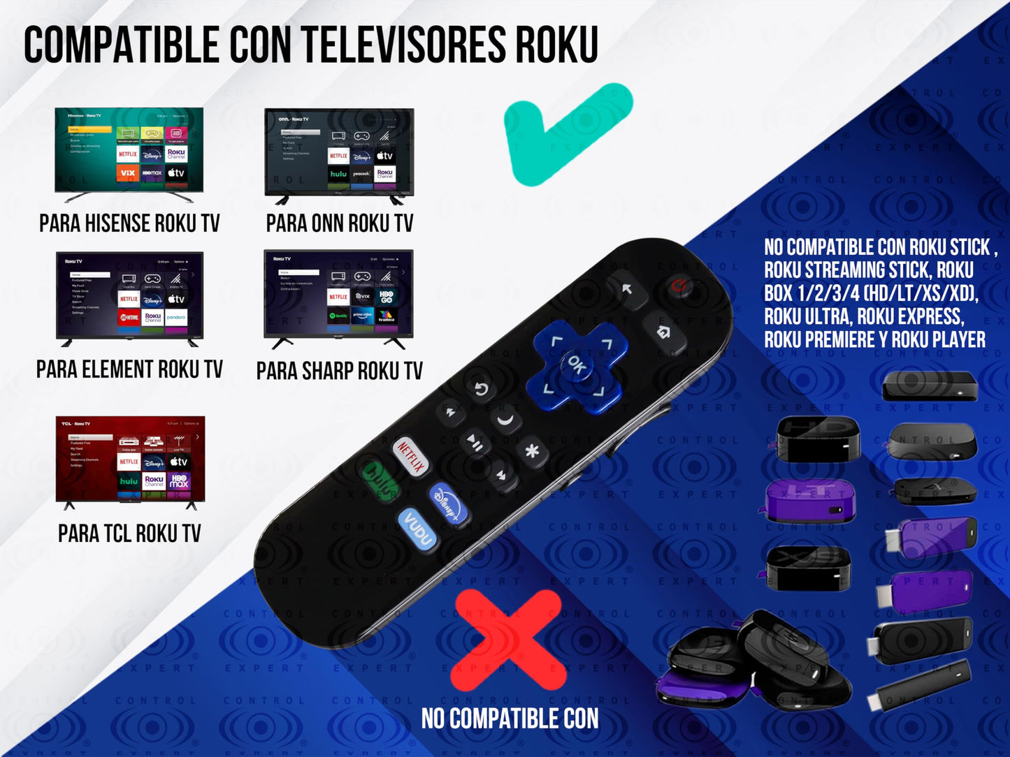 Control Remoto Premium Compatible con Roku TV Hisense TCL, ONN Sharp Smart TV