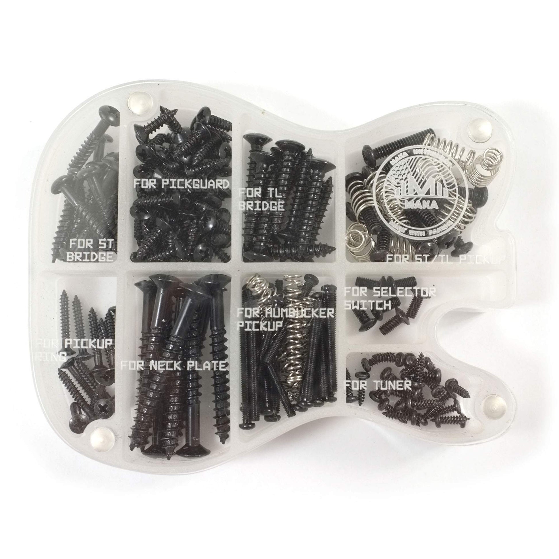 MAKA - Juego de tornillos para guitarra con caja de almacenamiento acrílica personalizada para puente de guitarra eléctrica, pastilla, golpeador, afinador, interruptor, placa de cuello, con resortes,