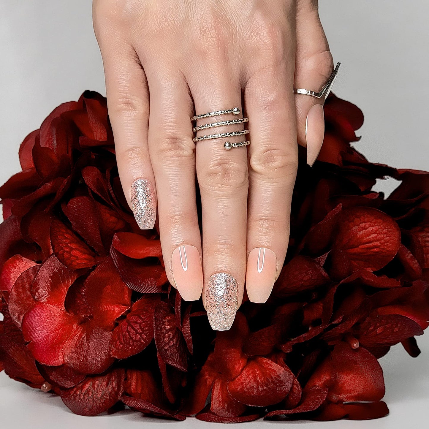 Hypnaughty 24 Pcs Nude Ballerina Press On Nails with Glue Medium Short Length Fake Nails with Glitter Design Glossy Acrylic Press On Nails Full Cover (Nude)