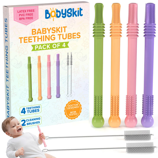 BABYSKIT Tubos de Dentición Flexibles para Bebés - Sorbetes Fáciles de Sostener y Limpiar, Bastón de Silicona Seguro para Bebés de 0-6 Meses