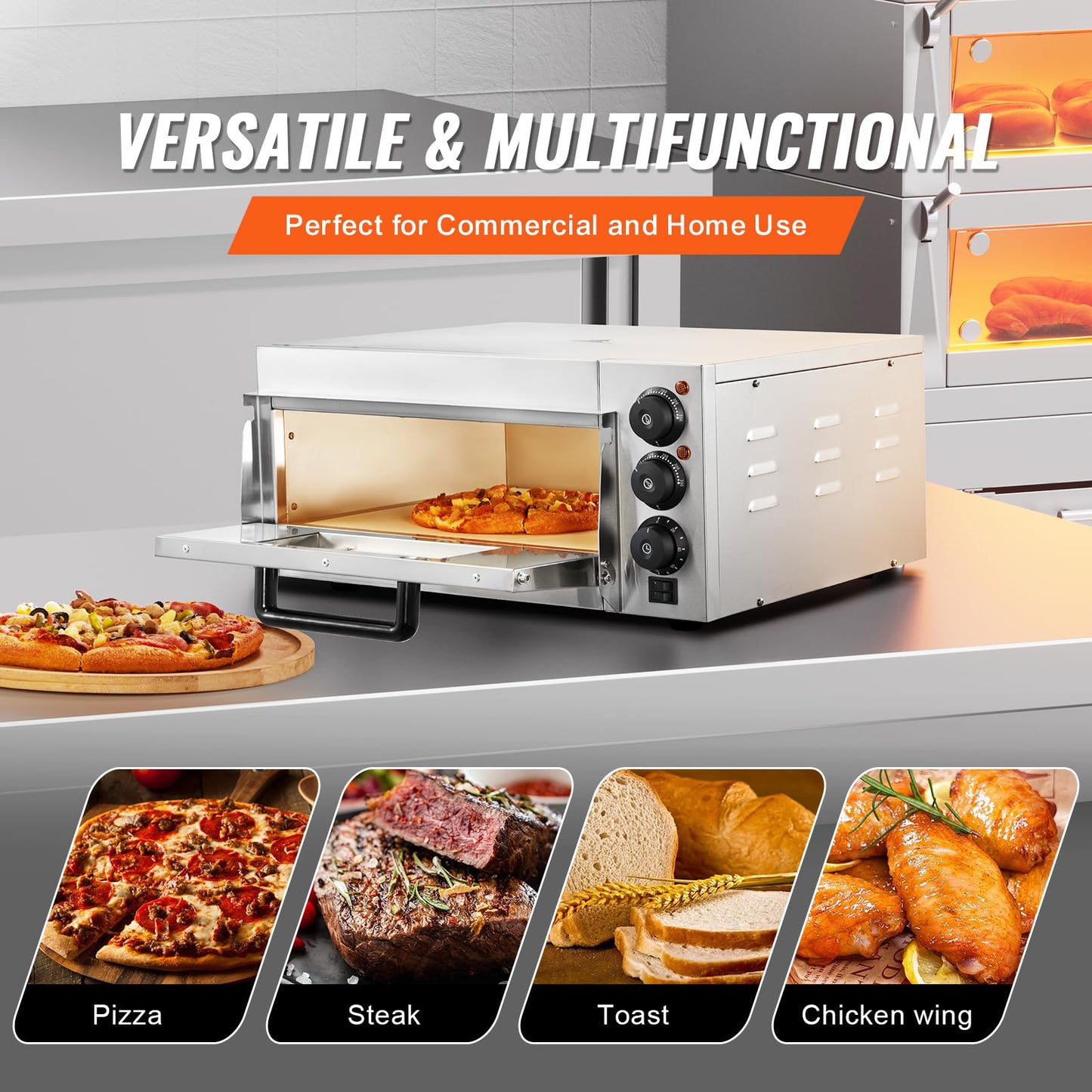 Horno de Pizza Eléctrico VEVOR 16 Pulgadas 1700 W con Temperatura Ajustable y Temporizador de 0 a 60 Minutos para Horneado Uniforme