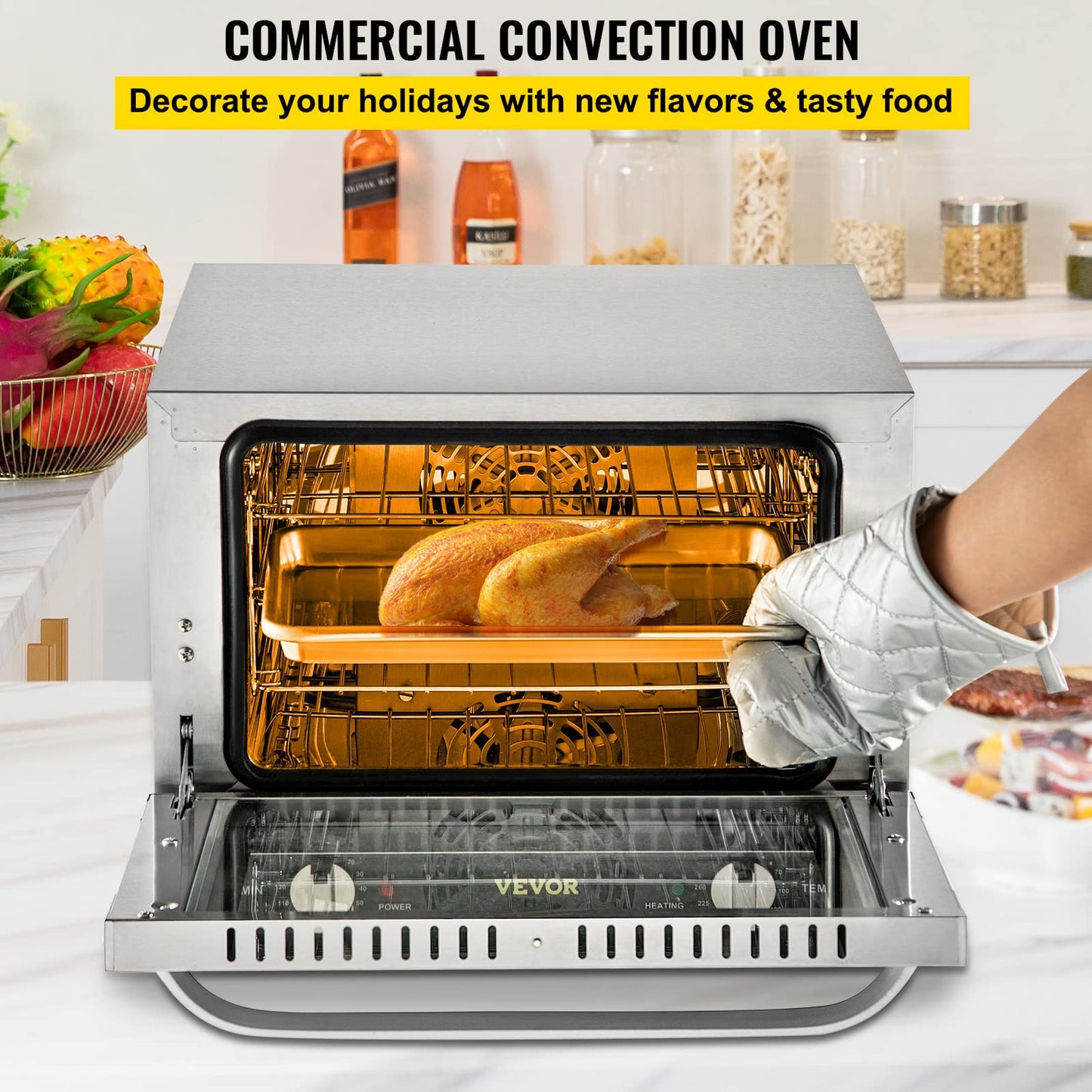 VEVOR - Horno de convección comercial, 21 l/19 cuartos de galón, encimera de horno convencional de un cuarto de tamaño, tostador de 3 niveles de 1440 W con puerta frontal de vidrio, horno eléctrico