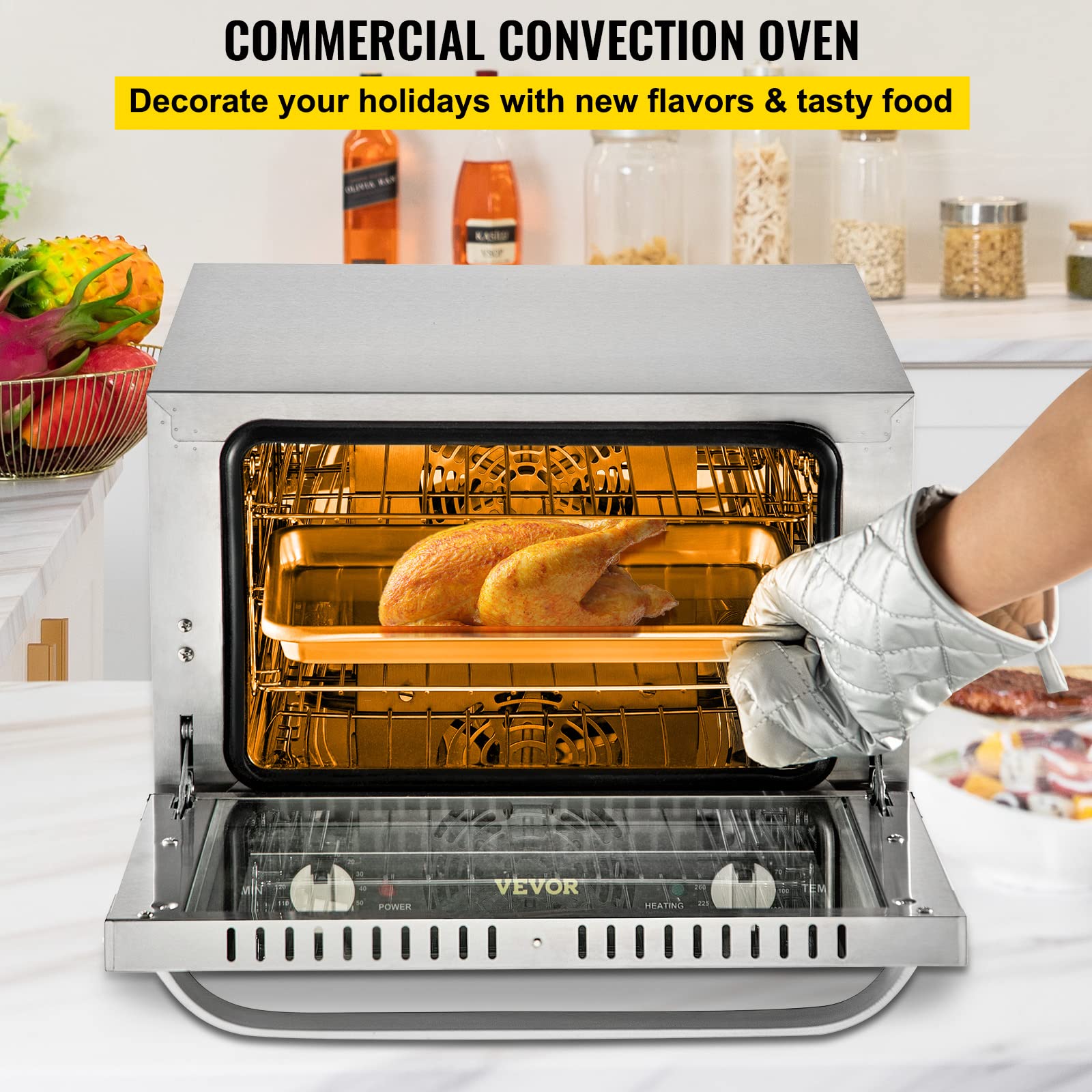 VEVOR - Horno de convección comercial, 21 l/19 cuartos de galón, encimera de horno convencional de un cuarto de tamaño, tostador de 3 niveles de 1440 W con puerta frontal de vidrio, horno eléctrico