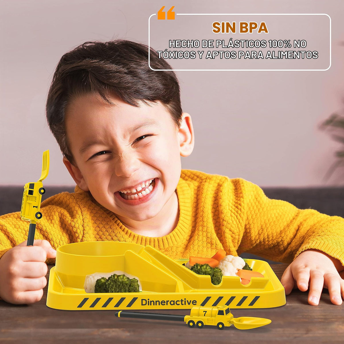 Dinneractive - Juego de comedor para niños, 3 piezas de vajilla amarilla para bomberos - Utensilios para camiones de bomberos - Platos para bebés