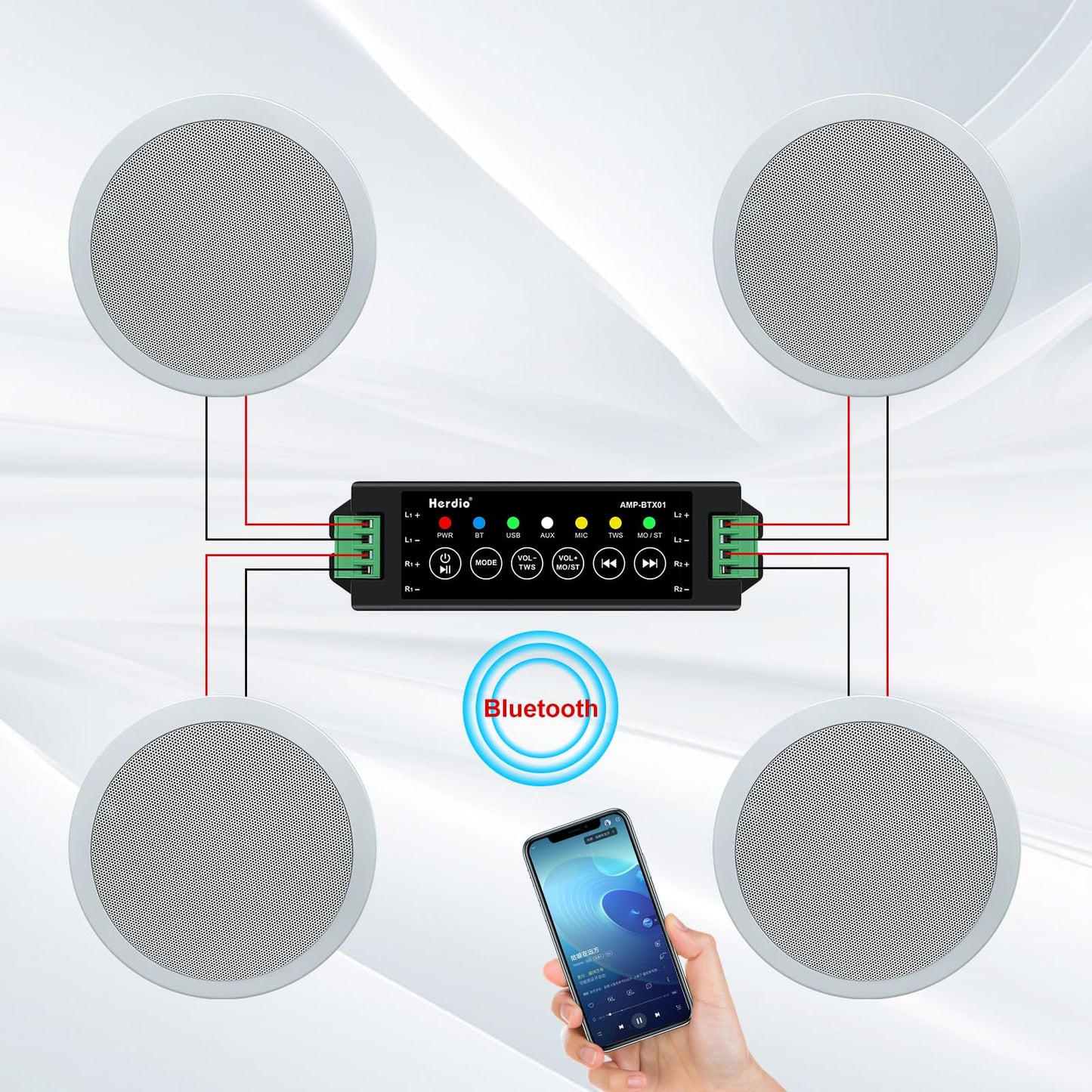 Herdio Sistema de Altavoces Compatible with Bluetooth de 5.25 Pulgadas, Montaje Empotrado en el Techo, Perfecto para Interiores y Exteriores, Dormitorio, baño, porches Cubiertos (4 Altavoces)