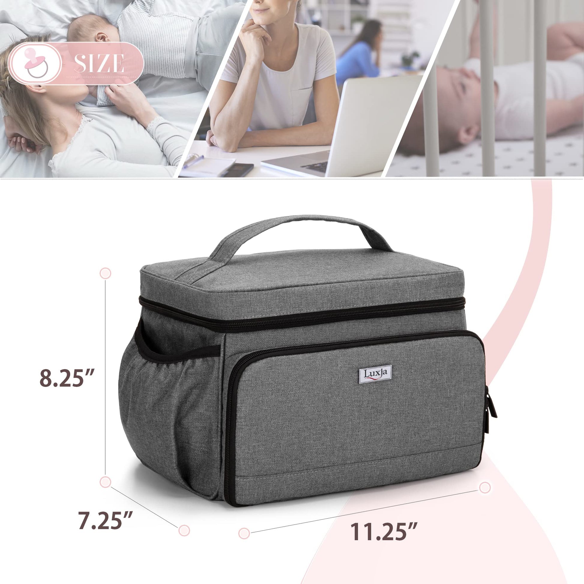 Luxja - Bolsa para extractor de leche compatible con Spectra S1 y S2, bolsa de bombeo para extractor de leche y piezas adicionales (adecuada para uso doméstico o de viaje), gris (pendiente de patente)