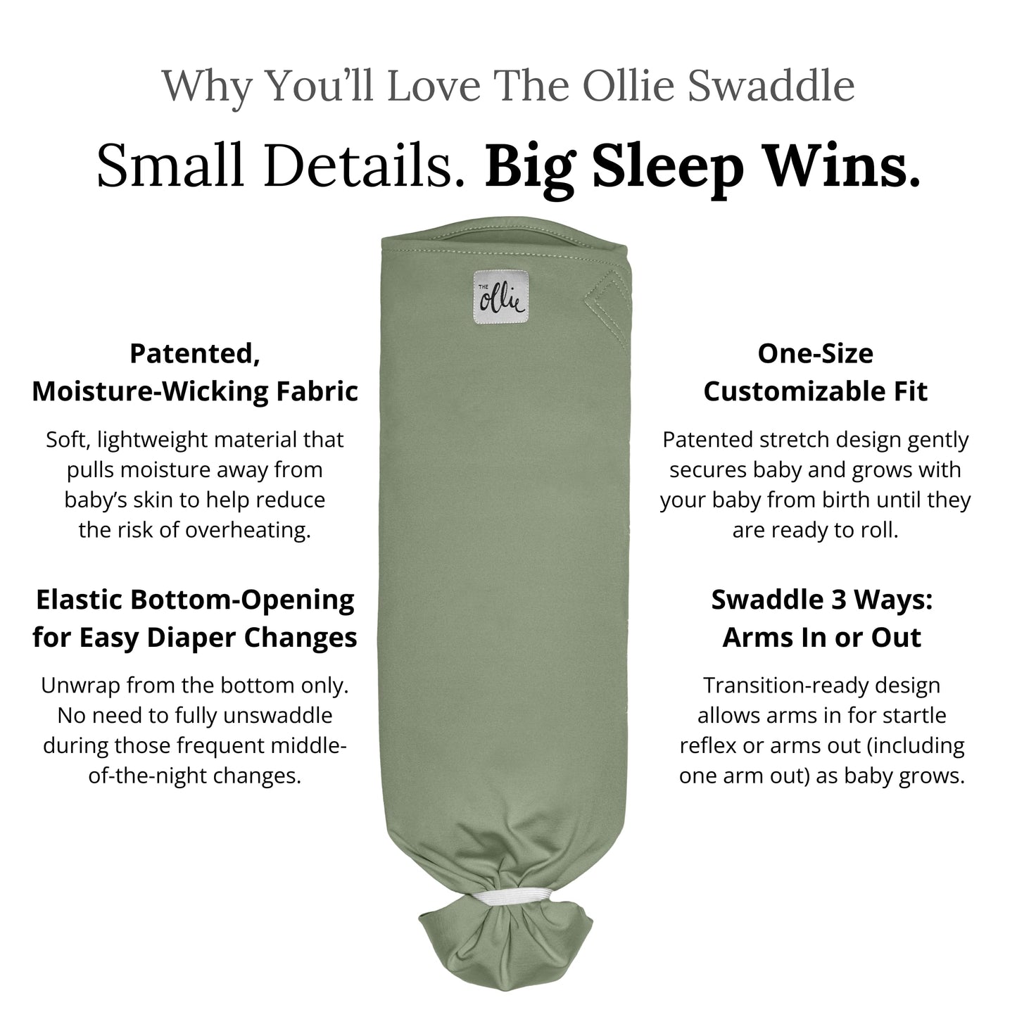 The Ollie Swaddle - Swaddle para dormir para bebés, tela transpirable que absorbe la humedad para evitar el sobrecalentamiento, ajuste ajustable (oliva, talla única)