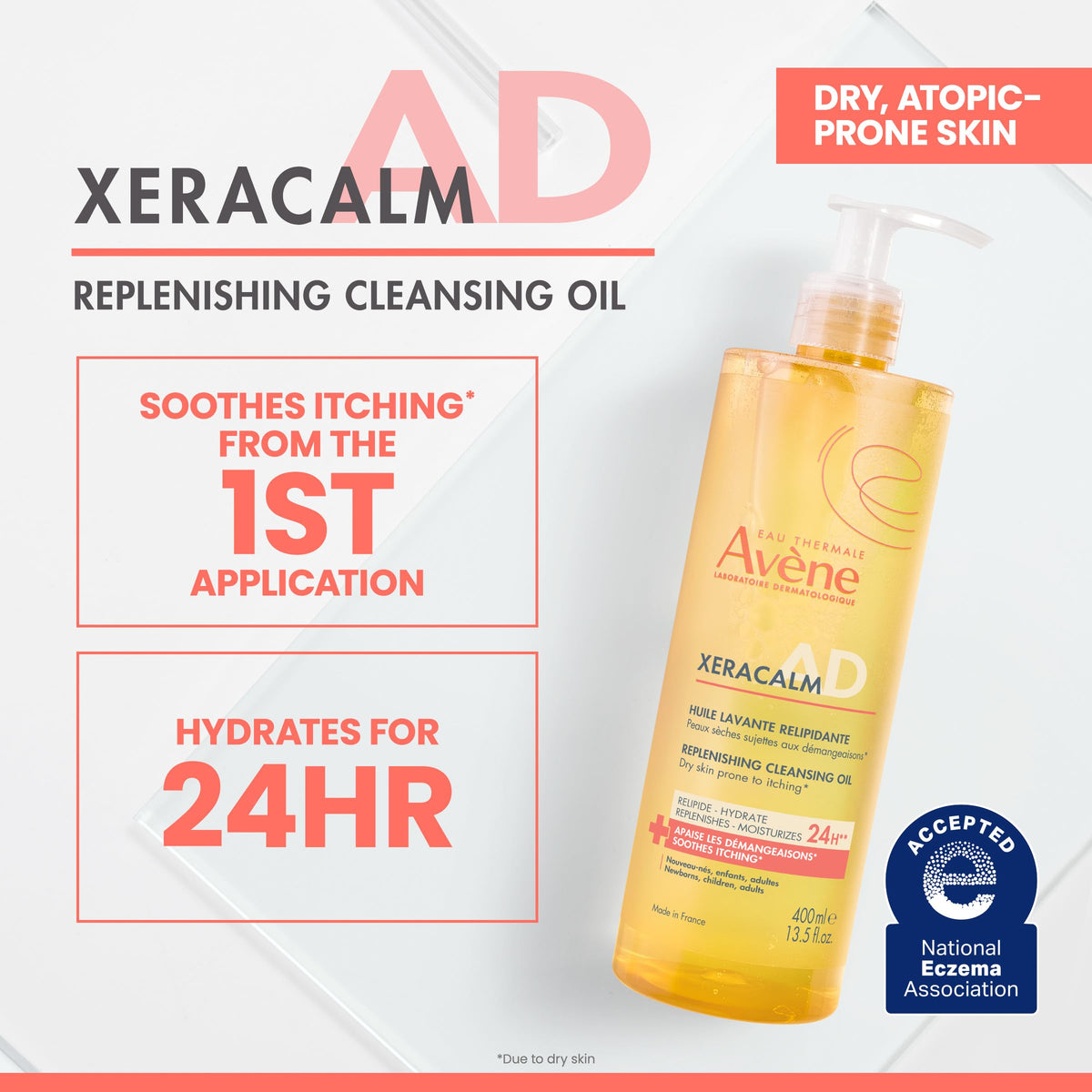Avene Eau Thermale XeraCalm A.D Lipid-Replenishing Cleansing Oil, Atopic Dermatitis, Eczema-Prone, Fragrance-Free, Pump, 13.5 oz.