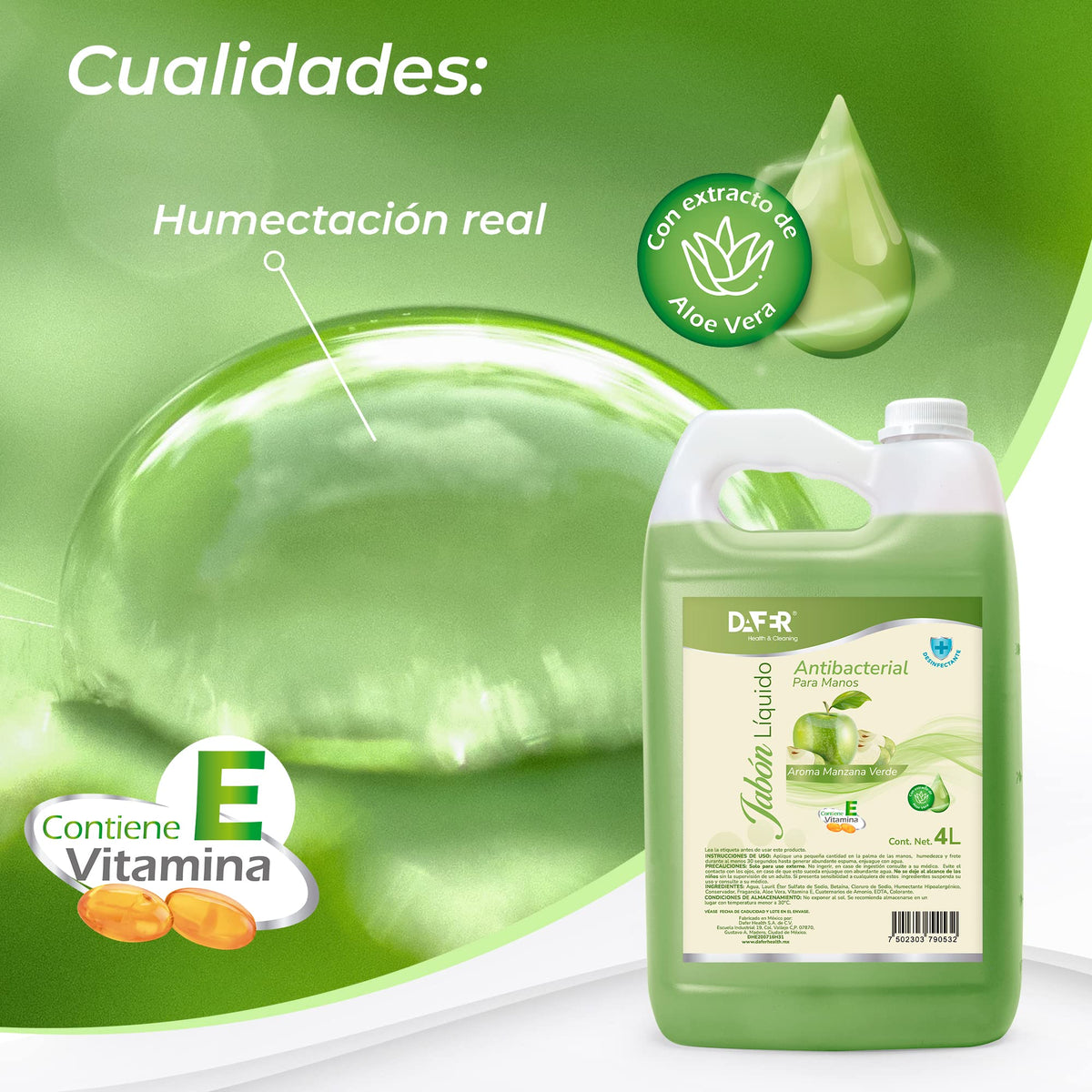 Dafer Health & Cleaning Jabón Líquido antibacterial para manos adicionado con Vitamina E y Aloe Vera por galón o garrafa, buena consistencia, shampoo para manos. (Manzana verde, 4L)