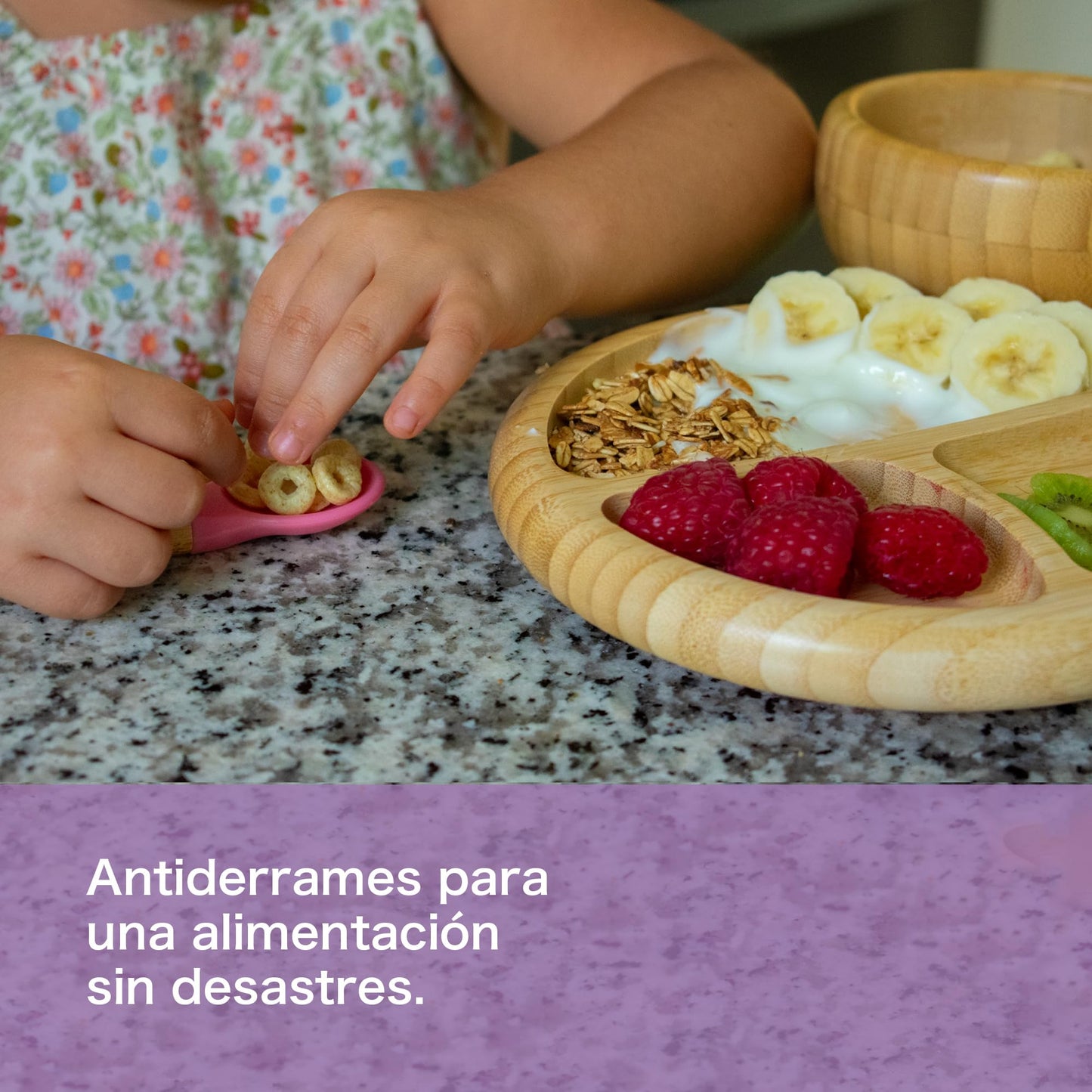 Ecowood® Plato Extendido de Bambú con Divisiones para Bebe y Niño - Con Base de Silicona Succión Adherente y Antiderrapante (Morado)