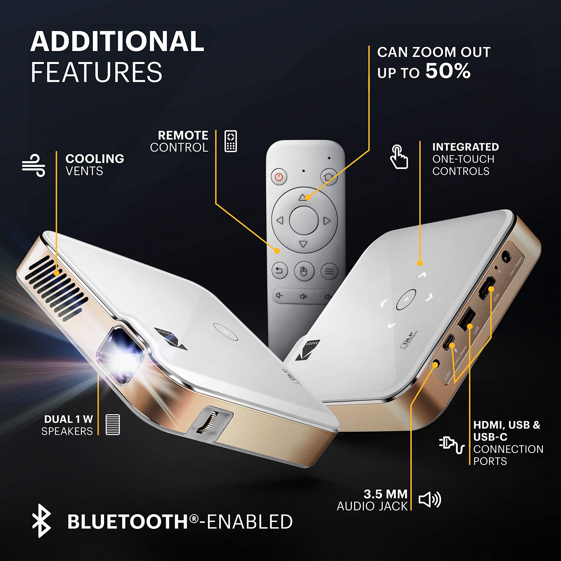 KODAK Luma 450 Proyector inteligente portátil Full HD | Wi-Fi, Bluetooth, HDMI y USB compatible con mini sistema de cine en casa de hasta 150 pulgadas | Resolución nativa de 1080p (4K), 200 lúmenes, reproducción de 3 horas | Trípode incluido