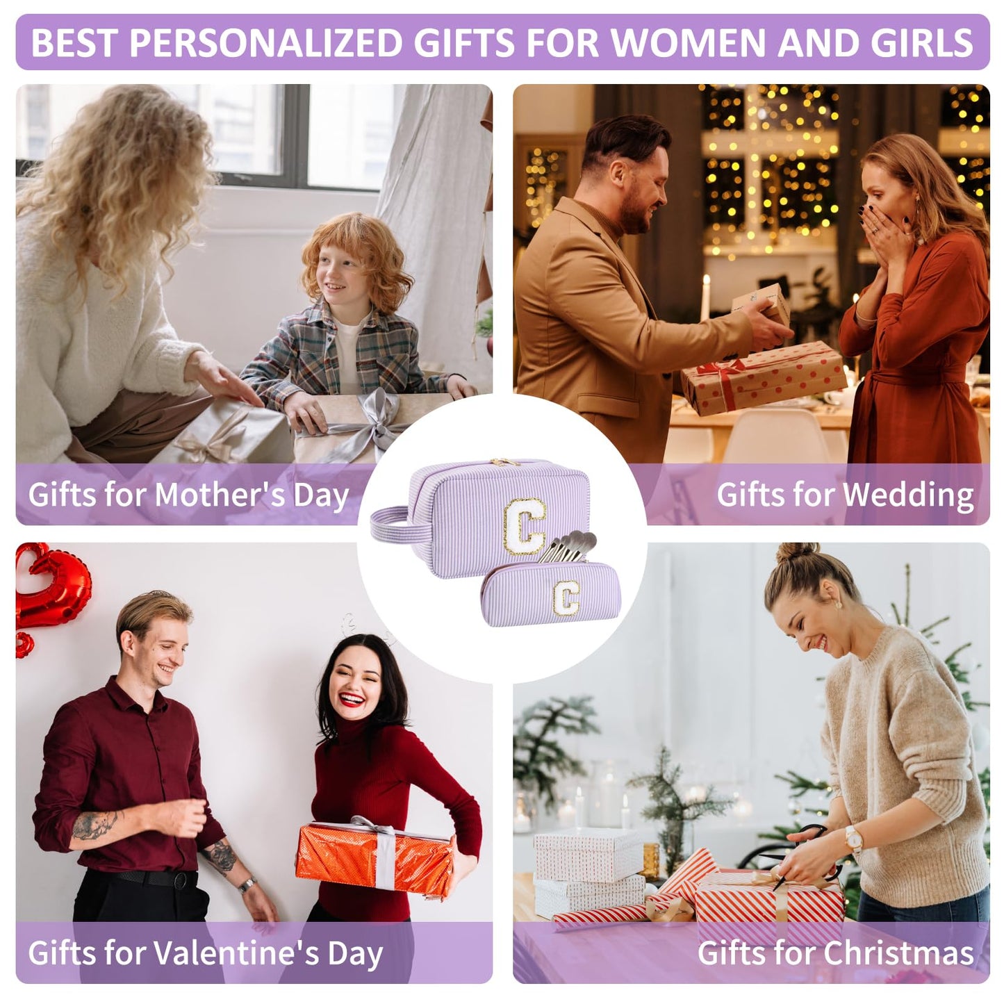 Huifen - Bolsa de maquillaje personalizada con inicial A-Z, bolsa de aseo de viaje para niñas, bonita bolsa de cosméticos organizador de maquillaje, boda, cumpleaños, día de la madre, regalos para