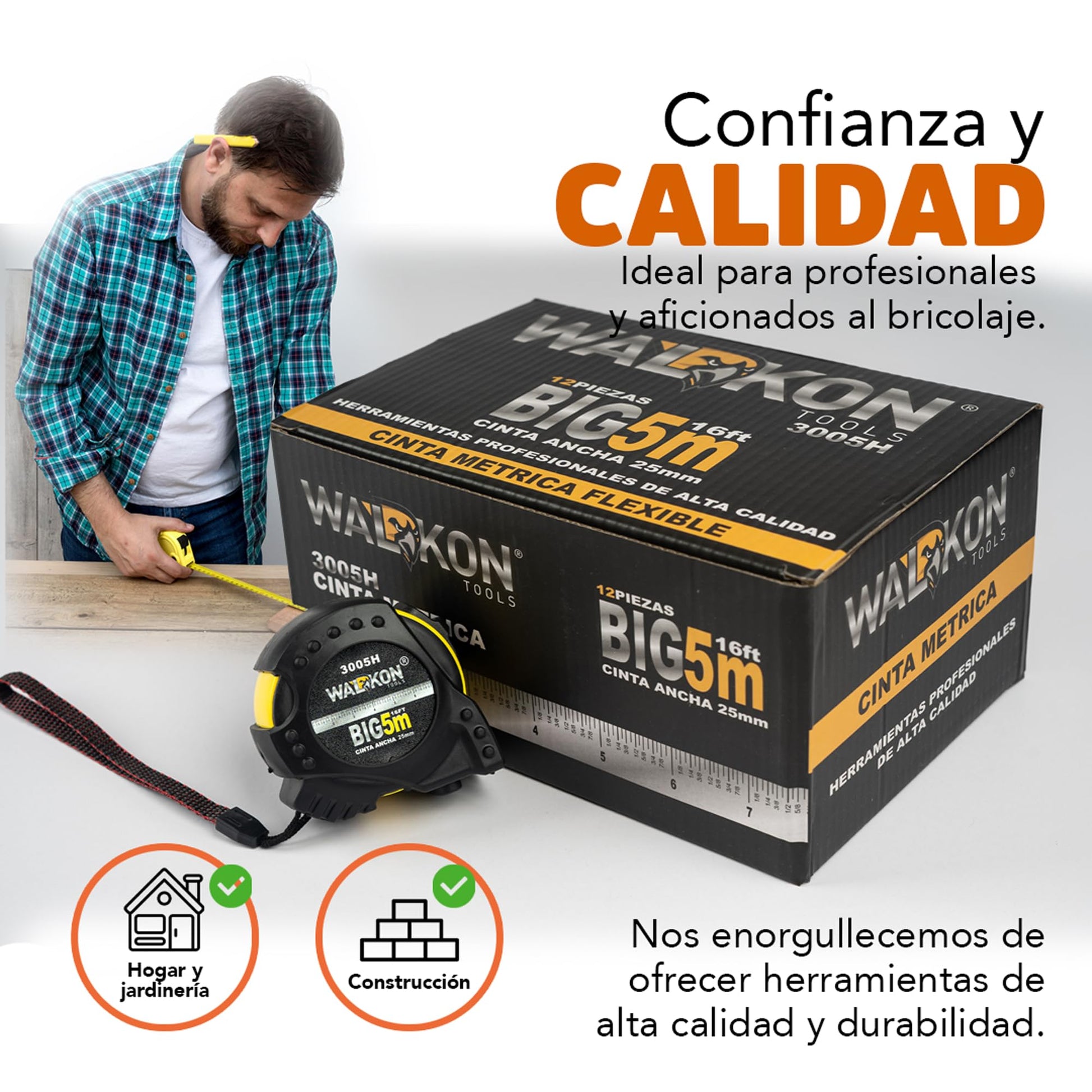 Flexómetro WALKON Blanco Hule contra Impacto 5 Metros