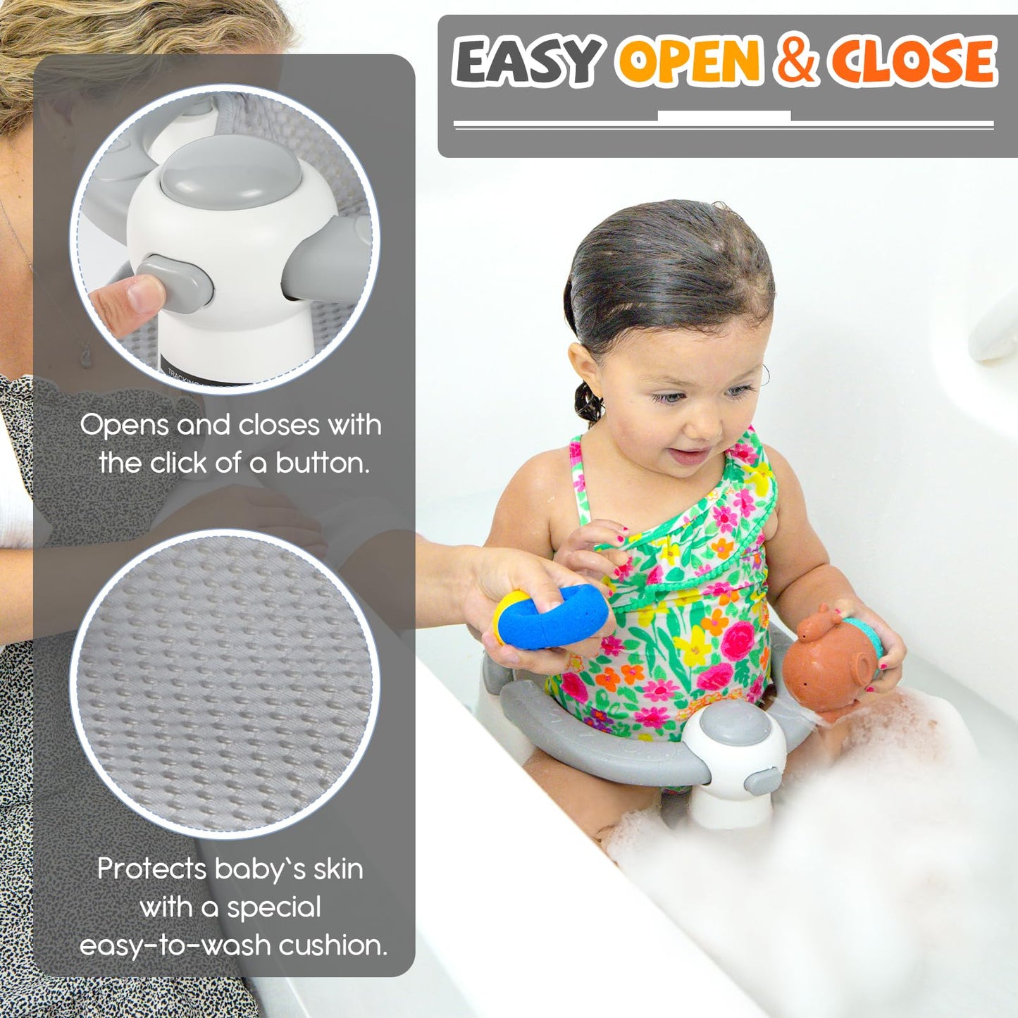 TOSGN - Asiento de baño de bebé para bebés de 6 meses en adelante, 3 juguetes de baño de bebé, asiento de baño antideslizante, soporte de baño seguro y cómodo, para tina/sala de estar, ducha, color