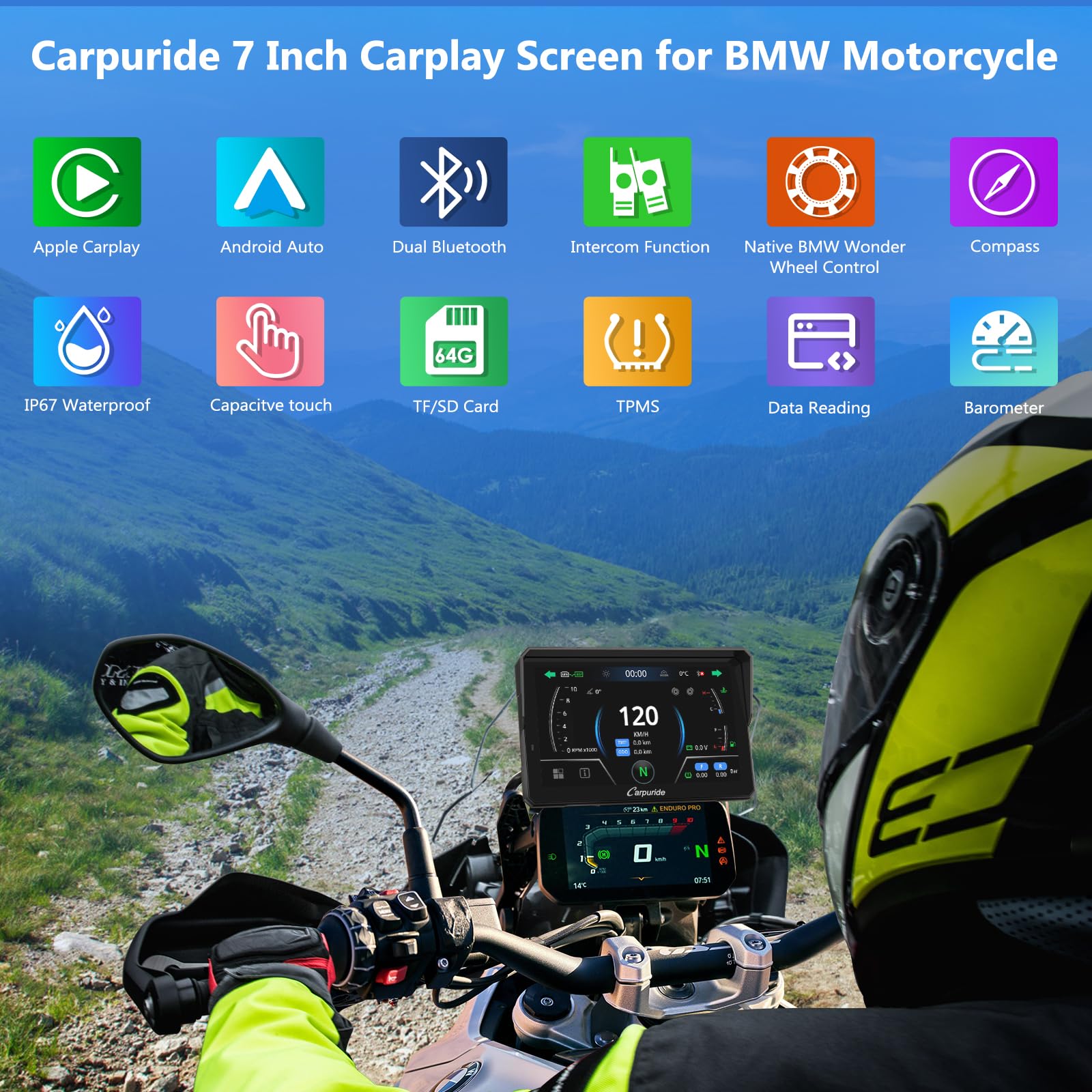 Carpuride W702BS Pro para BMW CarPlay&Android Auto con Bluetooth Dual,Pantalla Navegación GPS Impermeable7,Lectura Datos,Maravilla Nativa,TPMS,Sensor Luz,Intercambio Música,Intercomunicador,16 Pines
