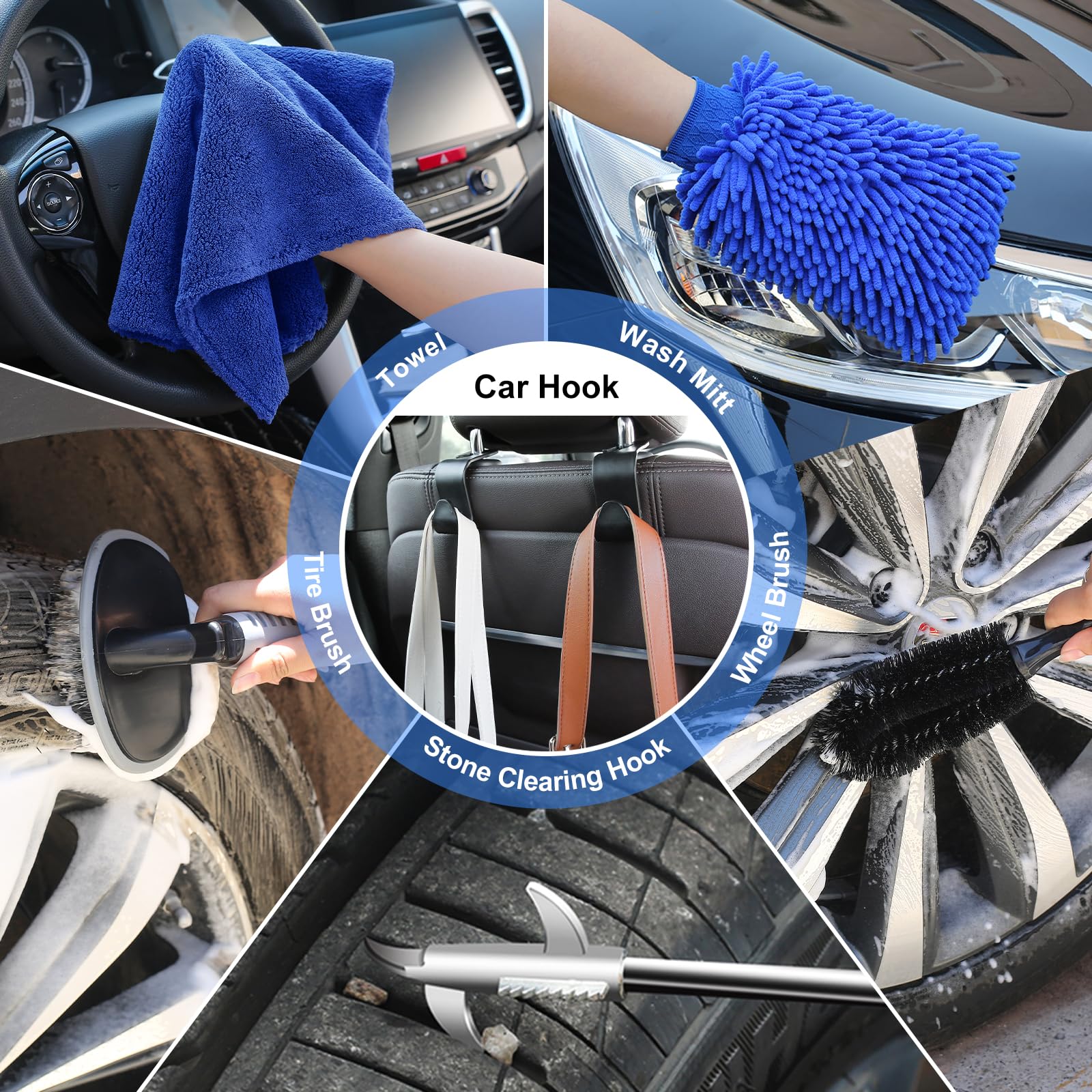 AUTODECO - Kit de limpieza de lavado de coche con pistola de espuma, bolsa de lona azul de 62 pulgadas, cepillo para polvo de lavado de parabrisas y herramienta de limpieza plegable, guante de lavado de esponja, juego completo para interiores y exteriores