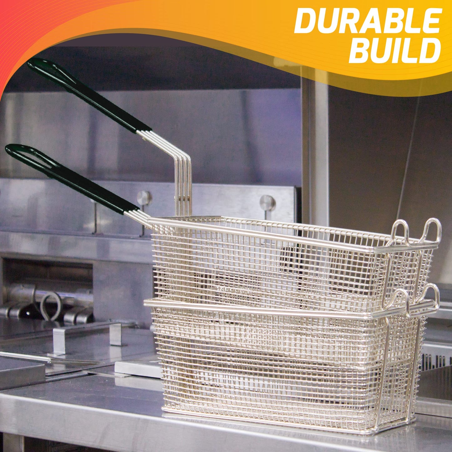 Cesta para freidora | 13 x 6.5 x 5.25 pulgadas, uso comercial de cocina de restaurante, ganchos delanteros, mango antideslizante, acero inoxidable niquelado (paquete de 2)