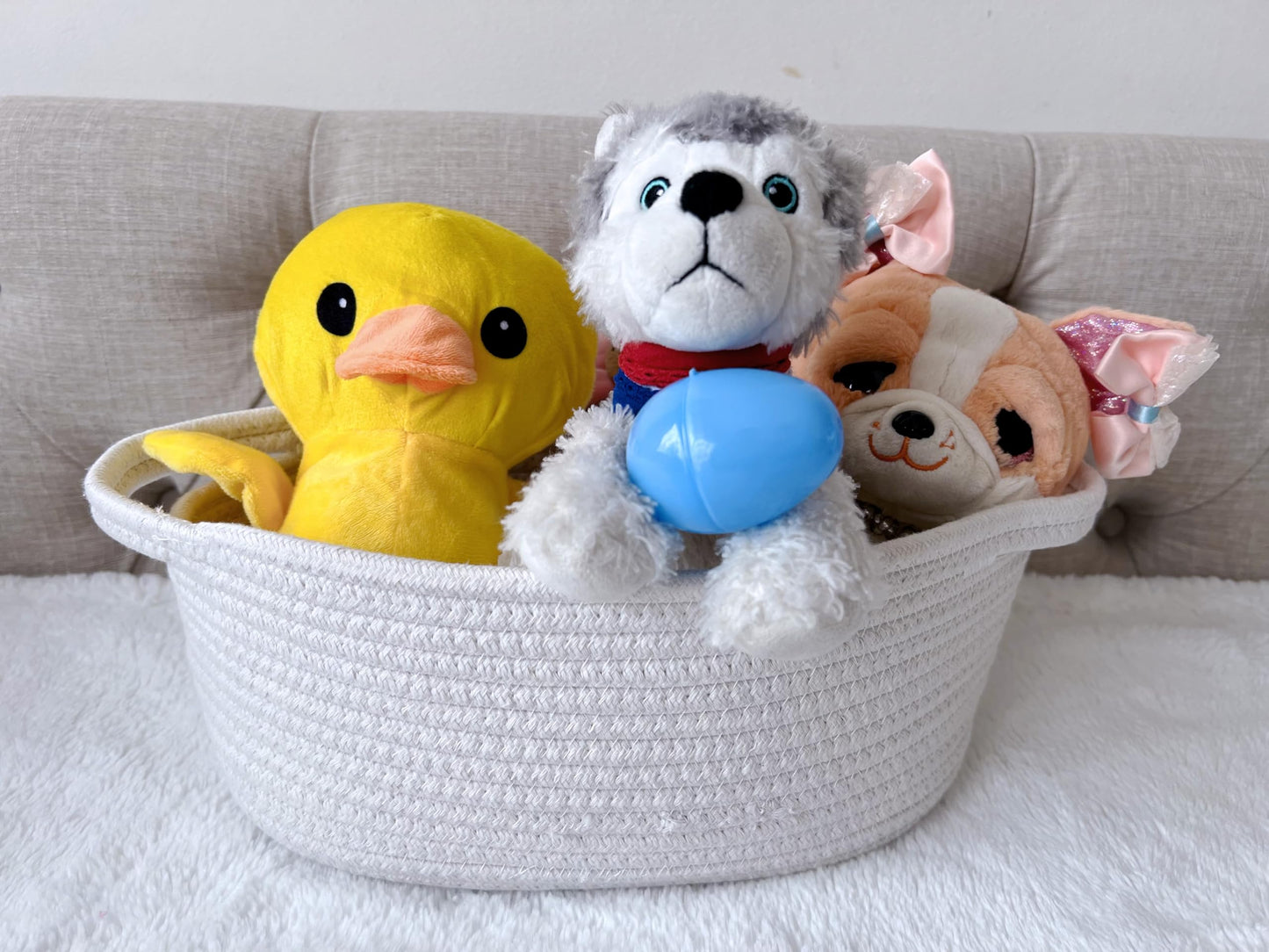GiftExpress - Cesta de Pascua tejida blanca, 13 x 8 x 5 pulgadas, cuerda de algodón con asa para artículos de bebé o juguetes de gato y perro, cesta de regalo suave con asas para almacenamiento de