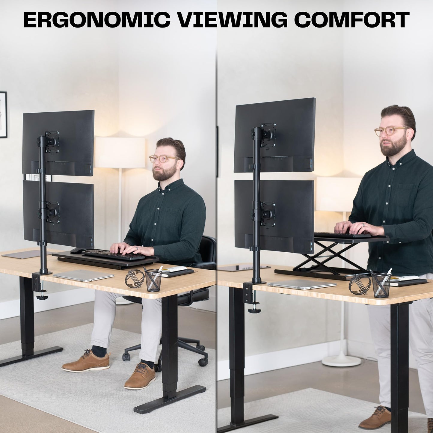 Soporte de Computadora Vivo Ajustable para Monitor Dual Negro con Placas VESA para 2 Pantallas LCD Ultra Anchas de hasta 34 Pulgadas en Matriz Apilada