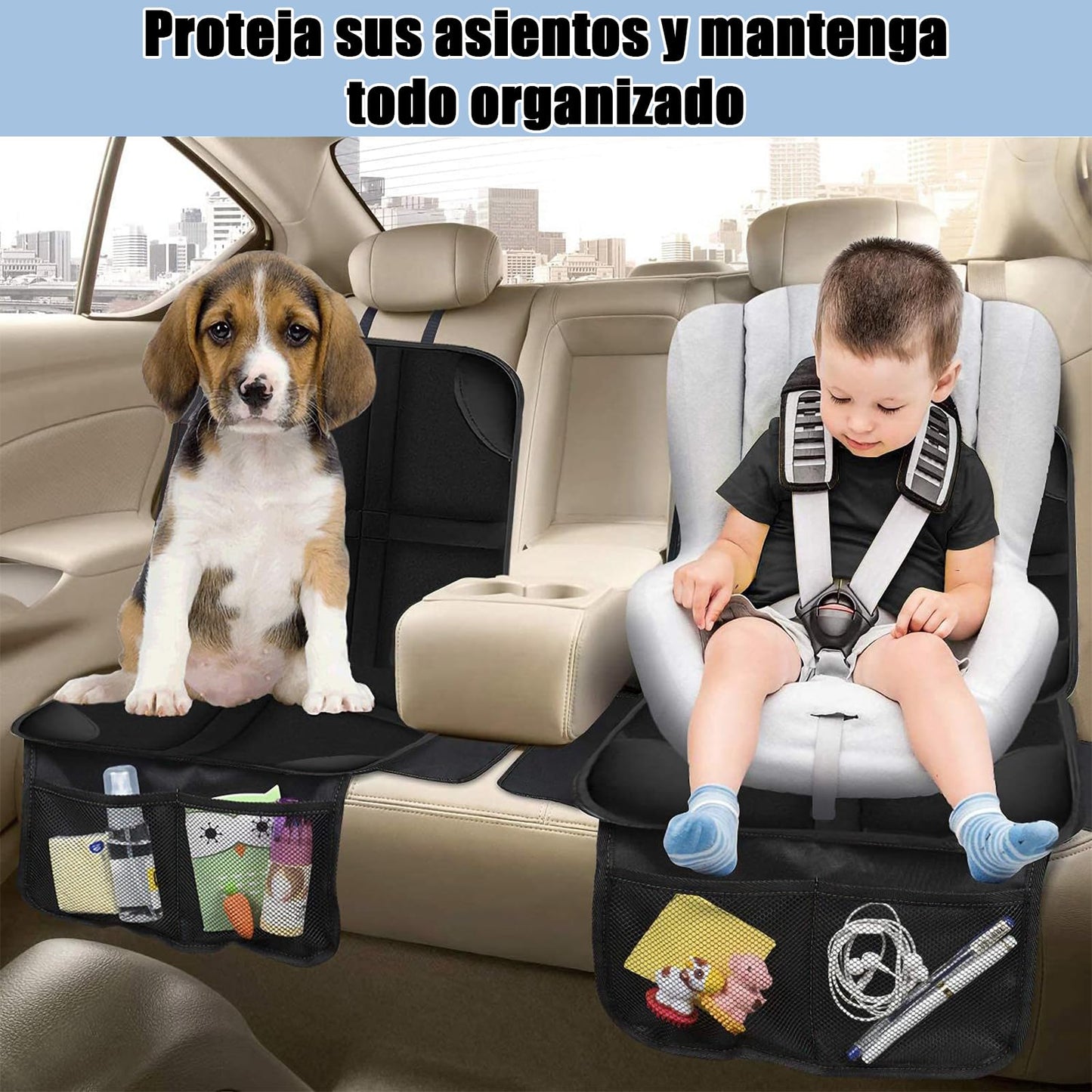 PZIOIU 2 Pieza Protector de Asiento de Coche, Protector de Seguridad de Asiento Infantil，con Dos Bolsas de Almacenamiento，Antiincrustante, fácil de Limpiar，Adecuado para automóviles, SUV, Camiones
