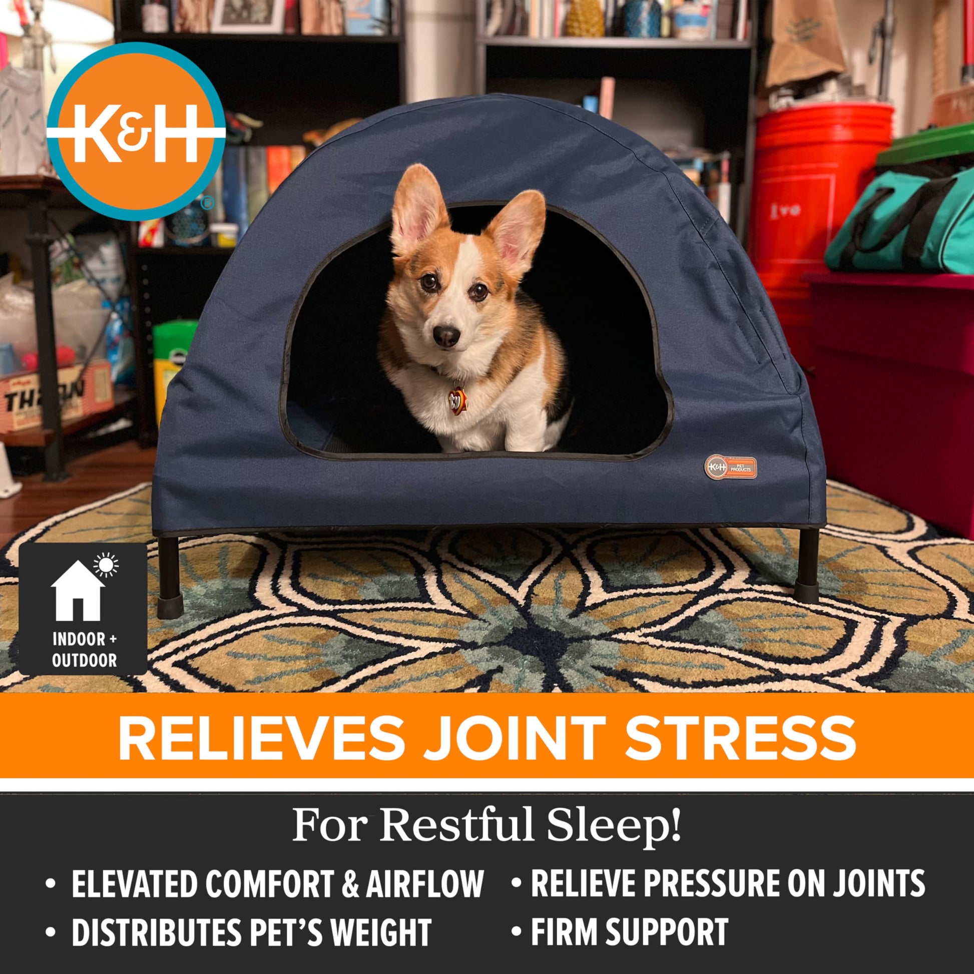 Casa para Mascotas K&H Pet Products Azul Marino con Cama Elevada Medium para Interiores y Exteriores