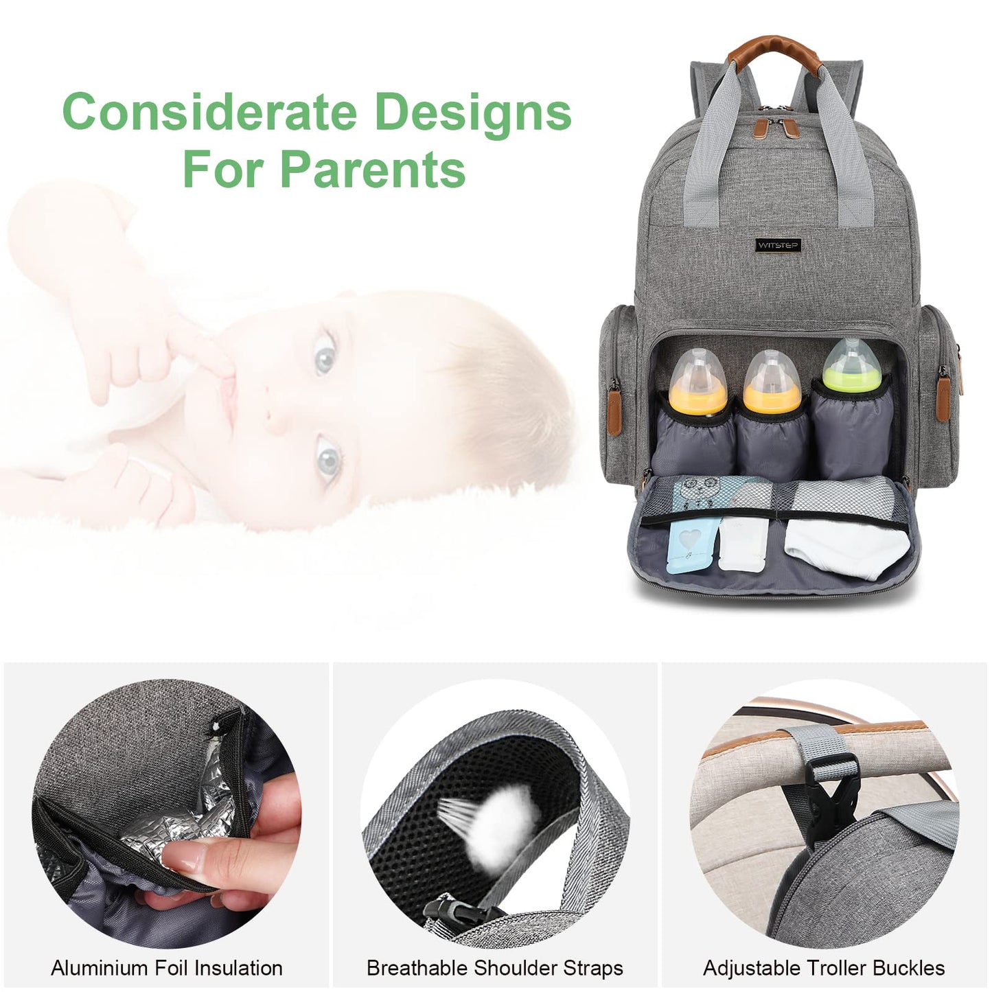 WITSTEP - Mochila para pañales con estación de cambio, organizador de pañales para bebés, para mamás, papás, bolsas grandes para cambiar de bebé, Gris, 15 x 7.5 x 19 inches, Mochila para pañales con