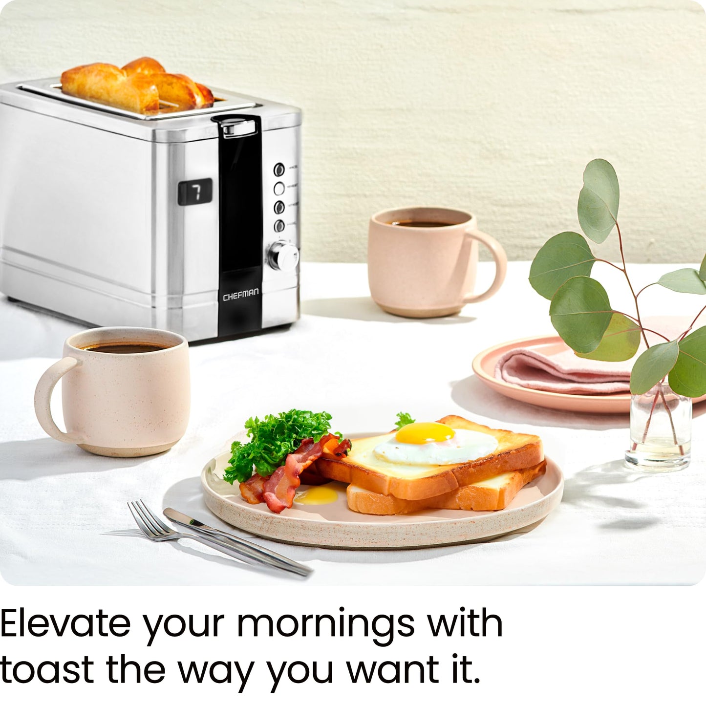 Chefman tostador digital de 2 rebanadas, pop-up, acero inoxidable, ranuras extra anchas para bagels, descongelar, recalentar, funciones de cancelación, bandeja extraíble para migas