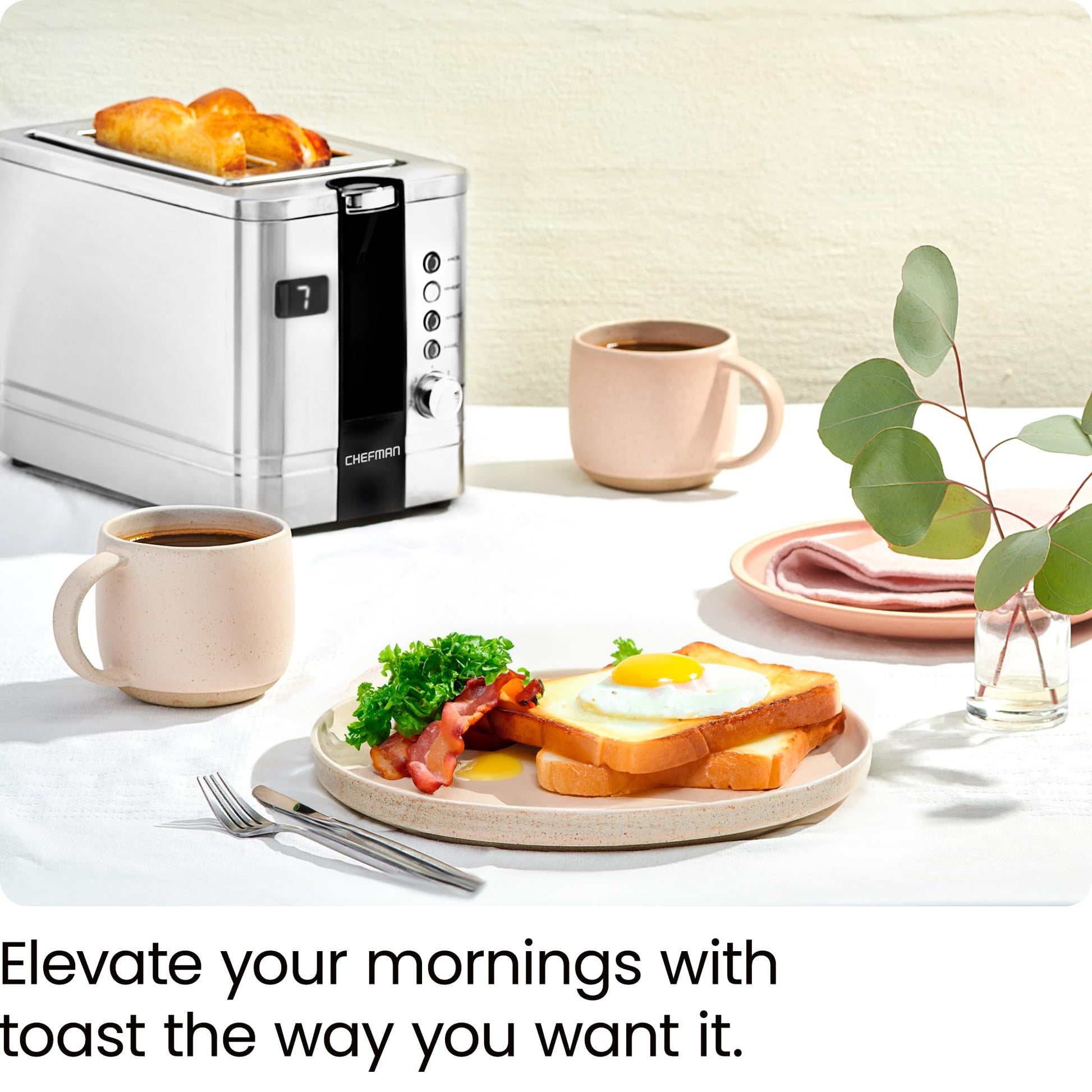Chefman tostador digital de 2 rebanadas, pop-up, acero inoxidable, ranuras extra anchas para bagels, descongelar, recalentar, funciones de cancelación, bandeja extraíble para migas