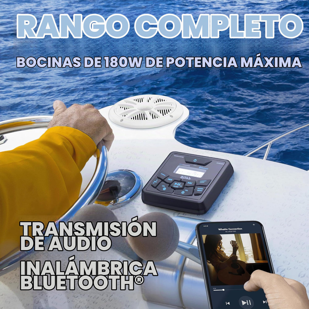 Sistema de Audio Marino Boss Audio Blanco con Bluetooth y Resistente al Clima IPX6, Dos Altavoces de 6.5" y un Receptor