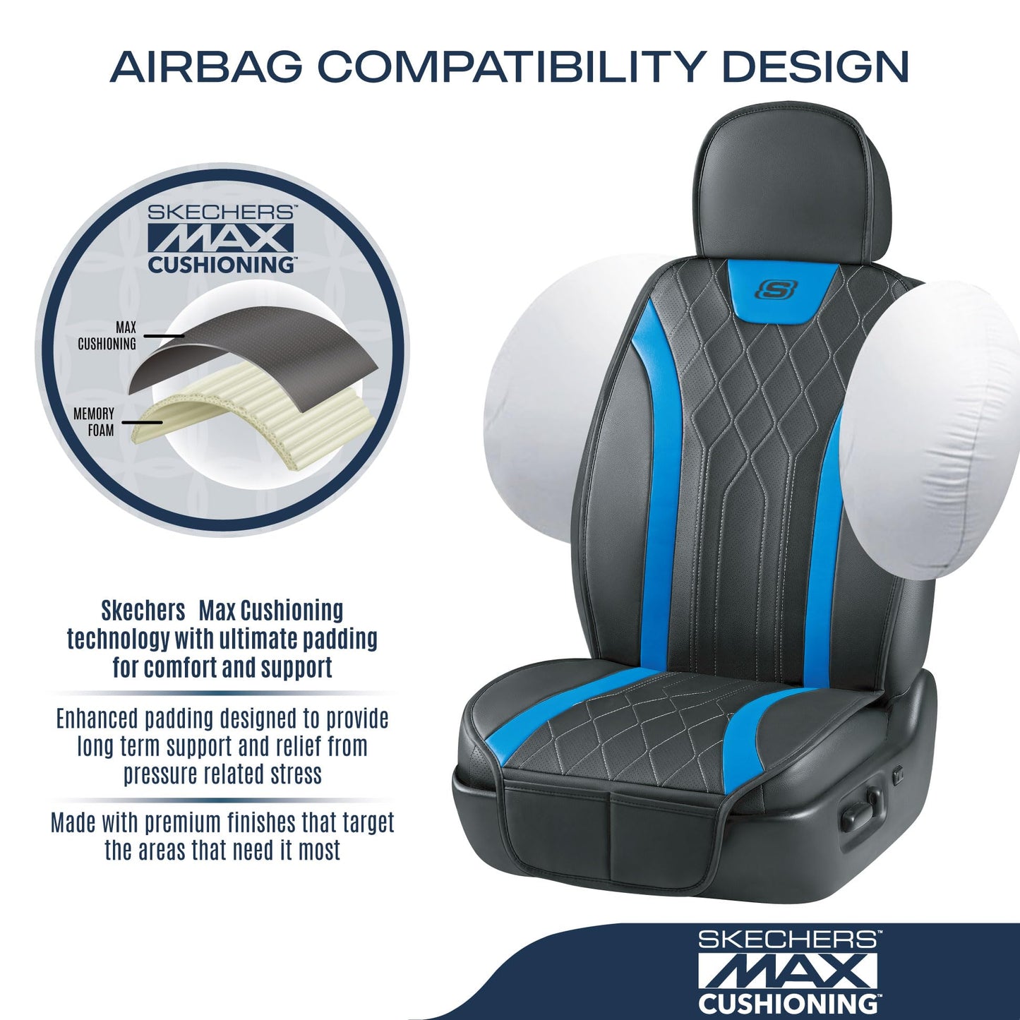 Skechers MAX Cushioning - Fundas de asiento de coche, protectores de asiento delantero de coche de cuero con espuma viscoelástica, fundas impermeables sin laterales compatibles con airbag con bolsillo