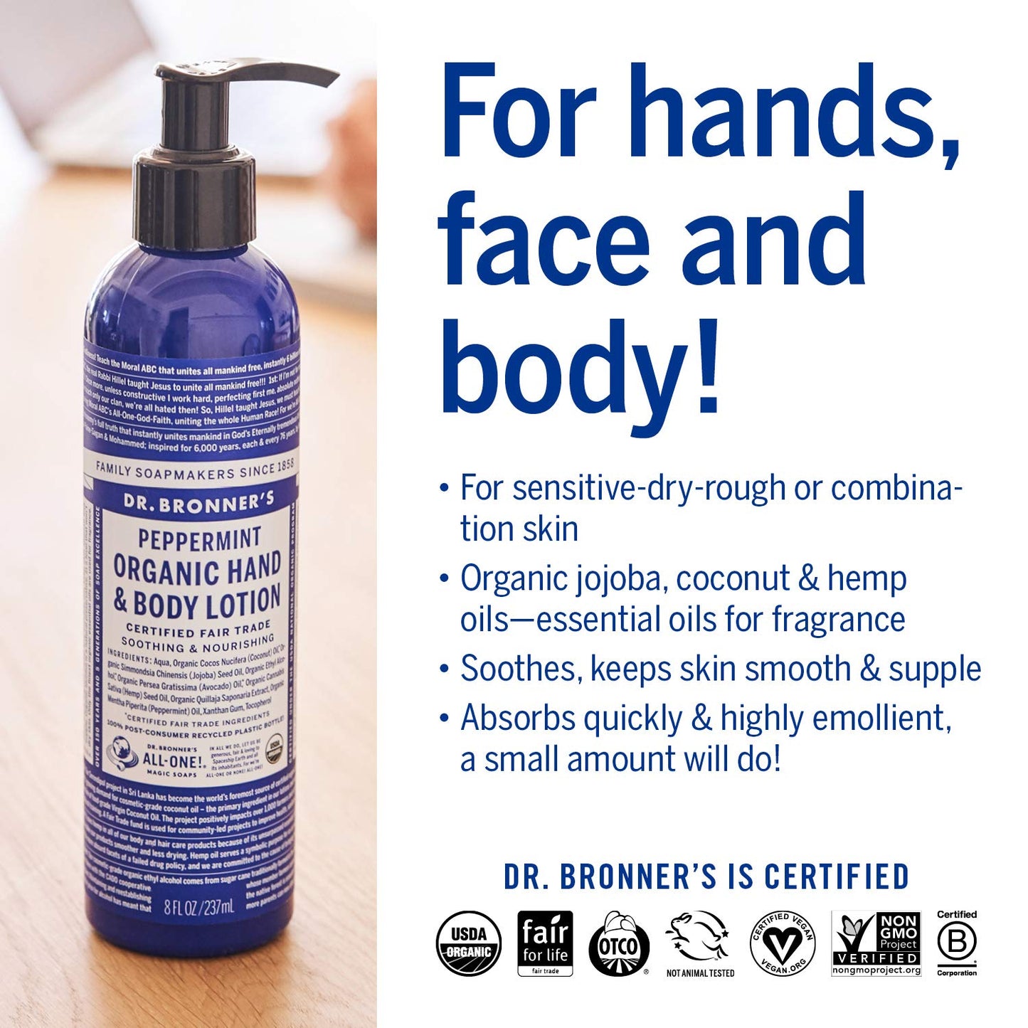 Dr. Bronner's | Set de Regalo Orgánico de Menta con Jabón de Azúcar de 355 ml, Jabón Líquido de Castilla de 240 ml, Crema corporal de 240 ml y Jabón en Barra de Castilla de 140 g