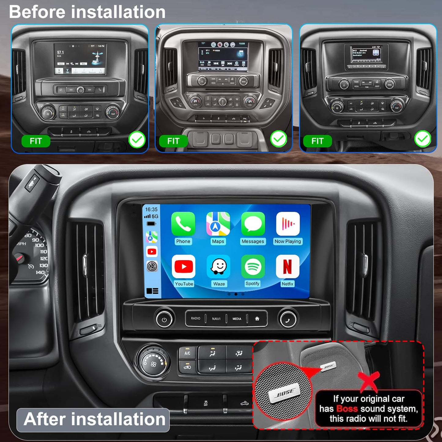 Radio de Coche 4G+64G 10'' Estéreo para Chevrolet Chevy Silverado 1500/2500/3500 2014-2018, GMC Sierra 1500/2500/3500 2014-2018, Pantalla Táctil, CarPlay/Android Auto GPS FM Bluetooth WiFi Cámara