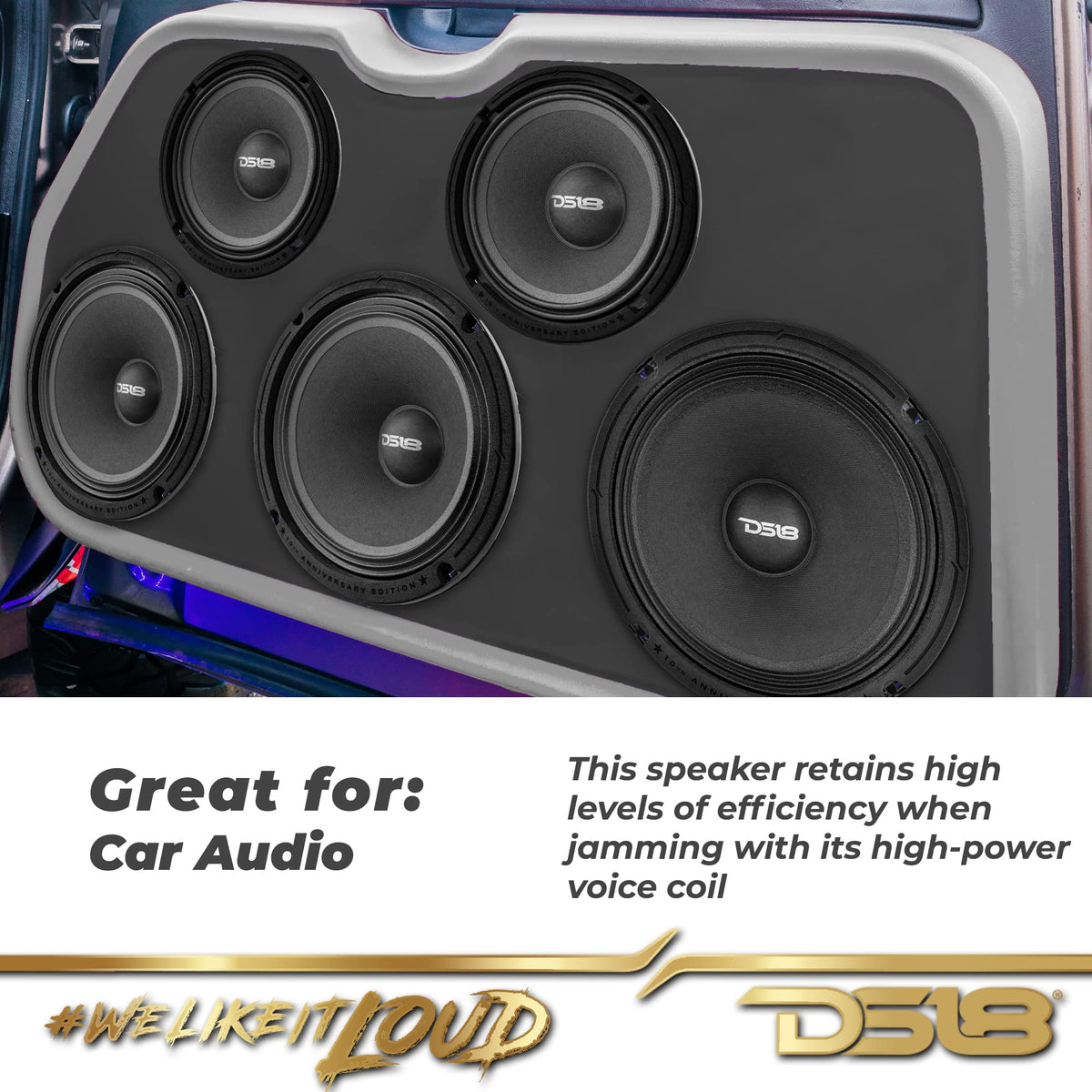 Altavoz de Bajo Medios DS18 8 Pulgadas Edición Especial 10 Aniversario 550 Vatios 8 Ohmios para Sistema de Sonido de Coche o Camión