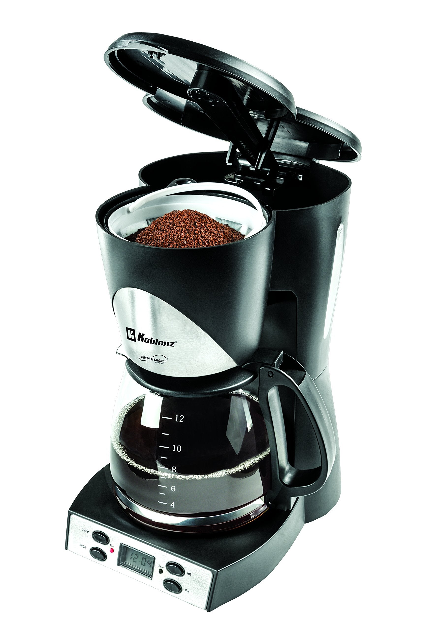 Koblenz Cafetera de Goteo Koblenz para 12 Tazas, 1.5 L, Programable con Timer y Display Digital, 1000 W, Función Antigoteo, Jarra de Vidrio, Filtro Lavable, Negro con Acero Inoxidable (CKM-212 PIN)