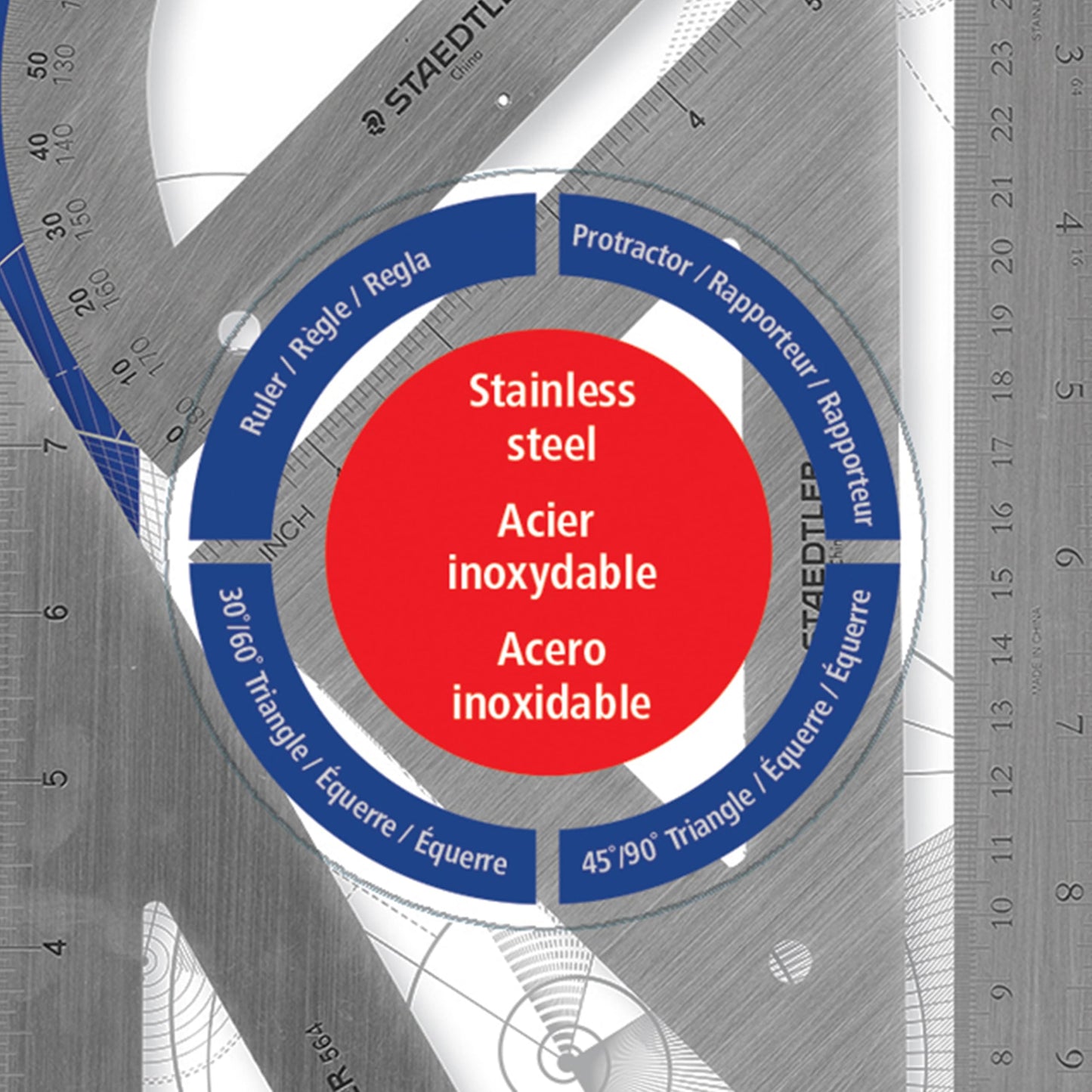 Juego de Matemáticas STAEDTLER Acero Inoxidable con Regla de 12 Pulgadas y 2 Cuadrados Triangulares para Dibujo de Precisión