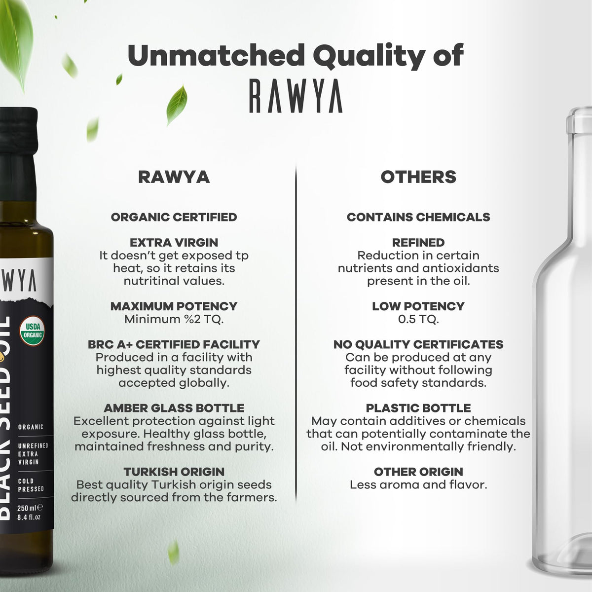 RAWYA Aceite de Comino Negro - Prensado En Frío - Comino Negro Turco - Nigella Sativa Premium Con Timoquinona - Kalonji - Sin Omg Ni Gluten - Suplementos Nutricionales - Sabor Extra Fuerte - 237 Ml