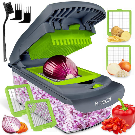 Fullstar - Picador de verduras y espiralizador - Picador de alimentos con contenedor, rebanador de frutas, utensilios de cocina y accesorios, esenciales para el hogar (2 en 1, gris/verde)