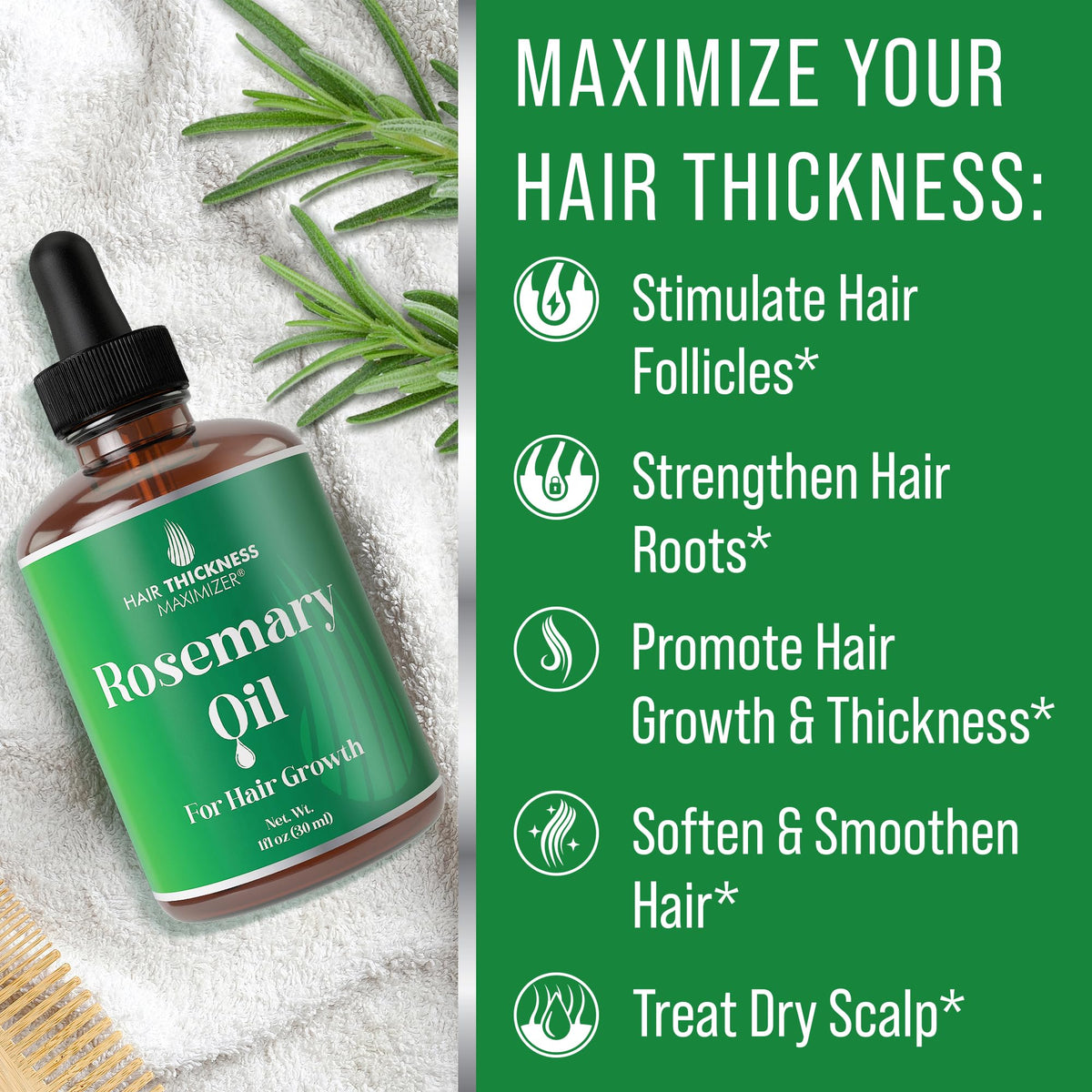 Aceite de Romero Hair Thickness Maximizer para Crecimiento del Cabello sin Aroma ni Quemadura para Hombres y Mujeres