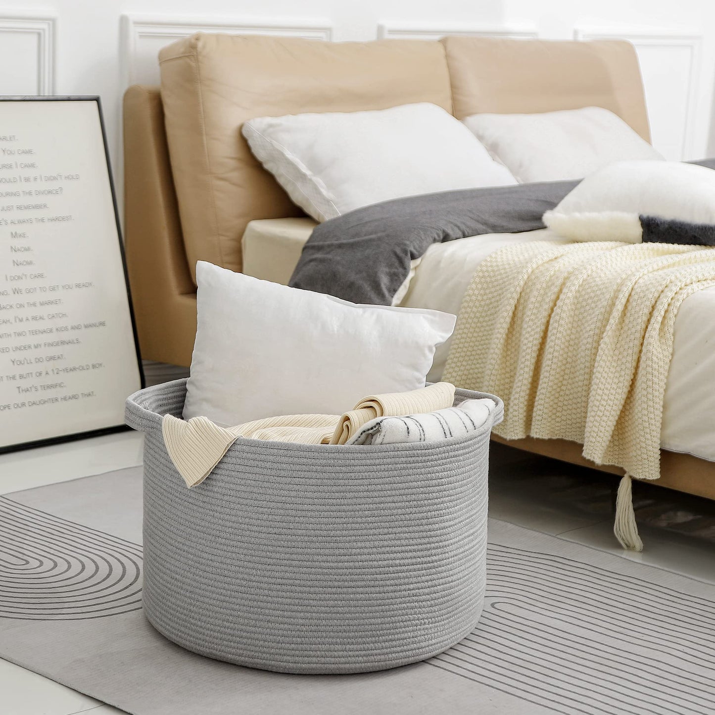 MEGASKET Cesta de almacenamiento extragrande gris, 22 x 22 x 14 pulgadas, cesta de manta XXXL para sala de estar, cestas de cuerda de algodón tejido de mimbre gris para almacenamiento, cestas