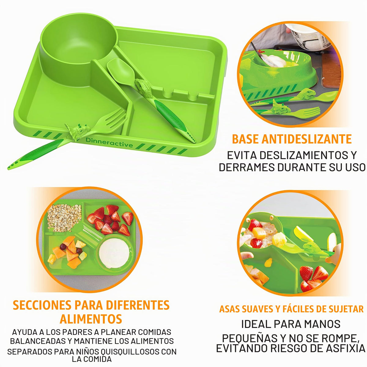 Dinneractive - Juego de comedor para niños, vajilla de dinosaurio verde, 3 piezas, utensilios de dinosaurio, platos para niños pequeños, platos para bebés