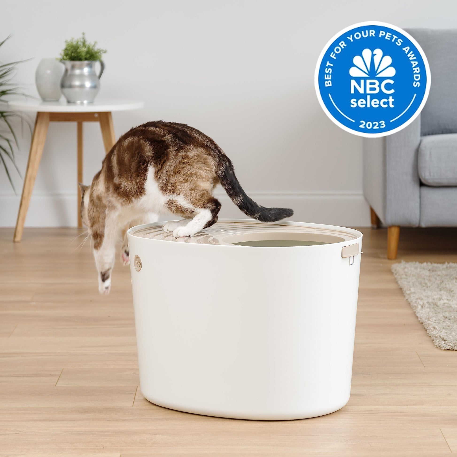IRIS USA Gran arenero para gatos con entrada superior y pala, elegante caja redonda para gatos, arenero para gatitos, Blanco/Beige